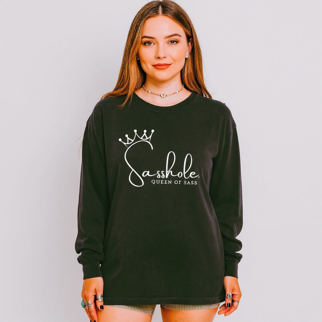 Image of Chambray long sleeve t-shirt with the phrase “I’m Not Bossy, I’m Just a Bit of a Sasshole” printed in bold black letters.