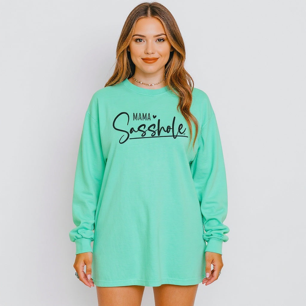 Mama Sasshole® Women’s Comfort Colors® Long Sleeve Tee – Funny Mom Graphic Shirt, Bold Statement Top