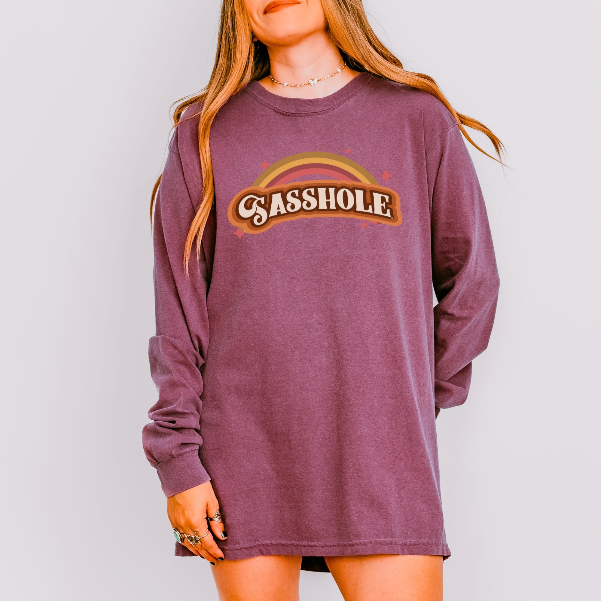 Image of Sasshole® Women’s Comfort Colors® Long Sleeve Tee – “Retro Rainbow” Funny Graphic Shirt, Bold Statement Top