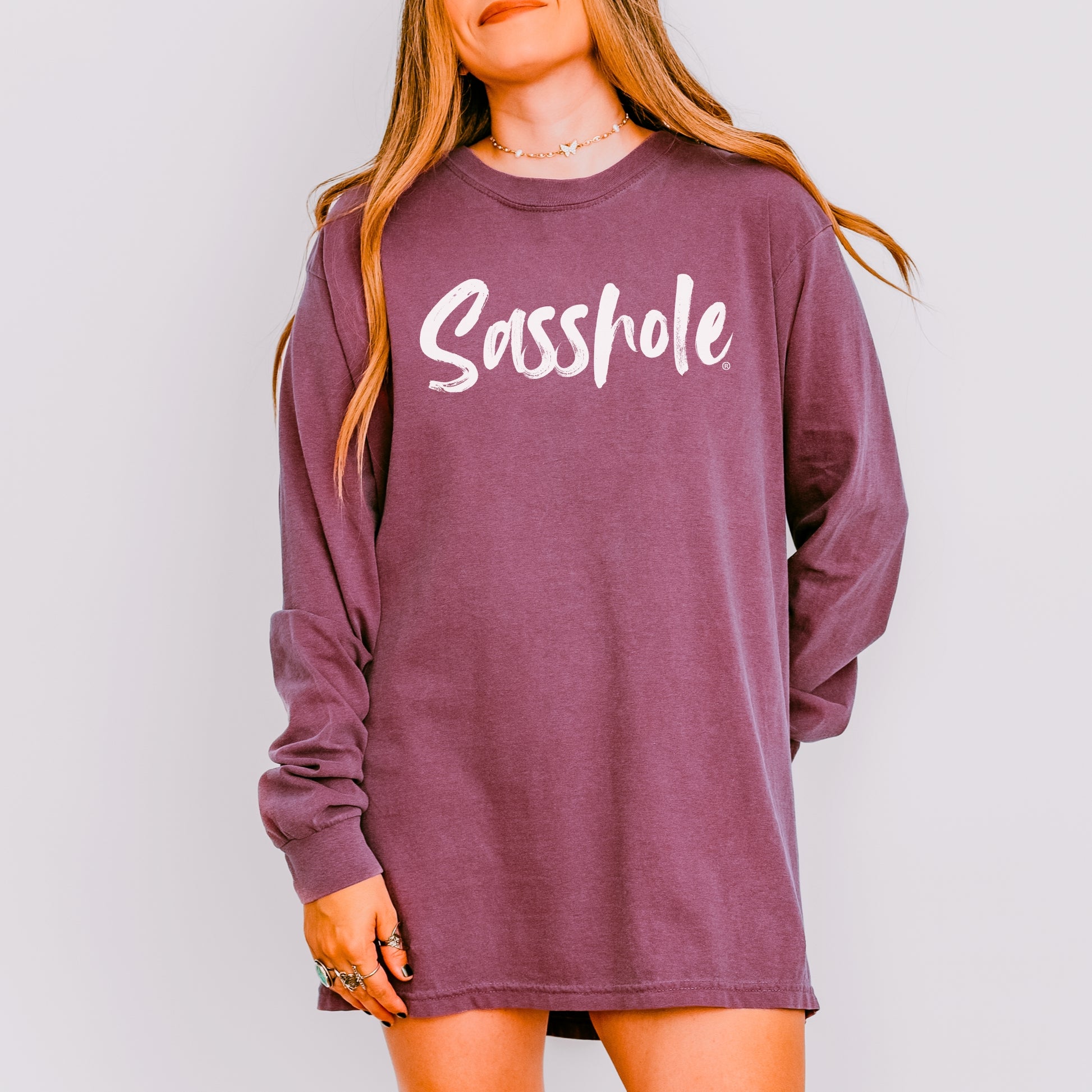 Sasshole® Women’s Comfort Colors® Long Sleeve Tee – Bold Script Logo, Funny Graphic Shirt