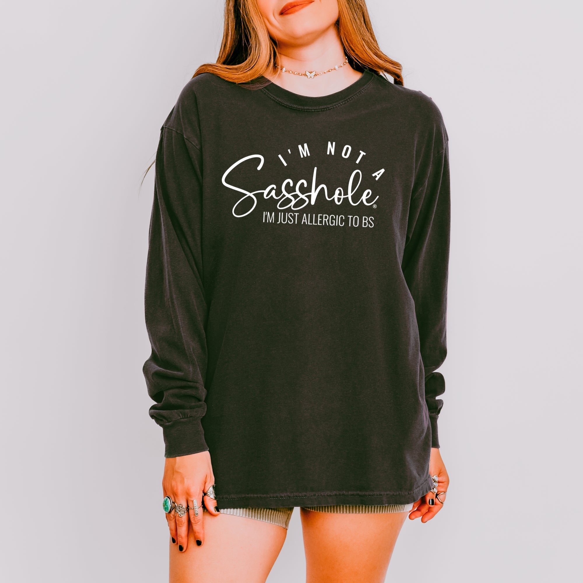 Image of Sasshole® Long Sleeve Tee – I’m Not a Sasshole, I’m Just Allergic to BS - Comfort Colors® T-shirt