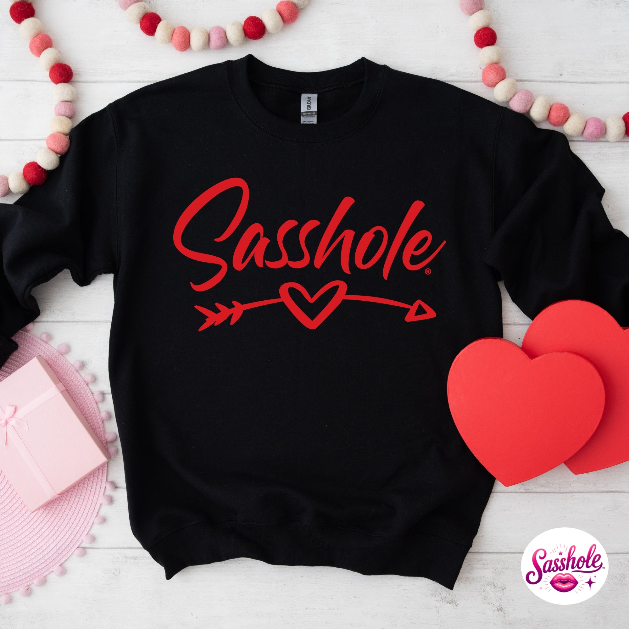 Image of Black sweatshirt with red text and graphics on a white background