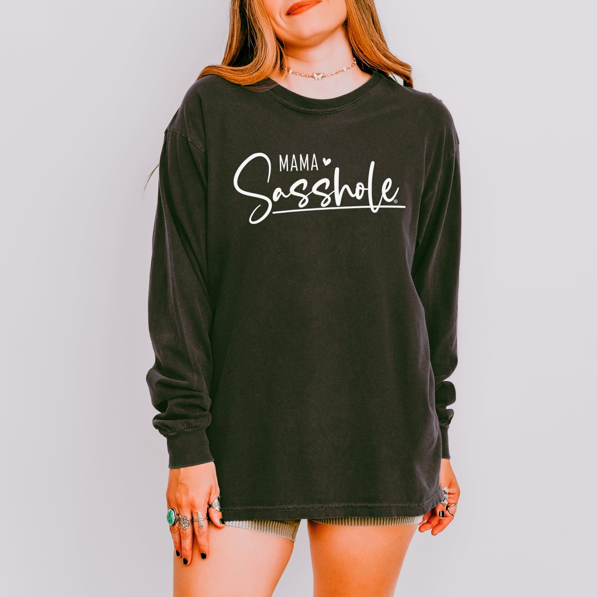 Image of Mama Sasshole® Women’s Comfort Colors® Long Sleeve Tee – Funny Mom Graphic Shirt, Bold Statement Top
