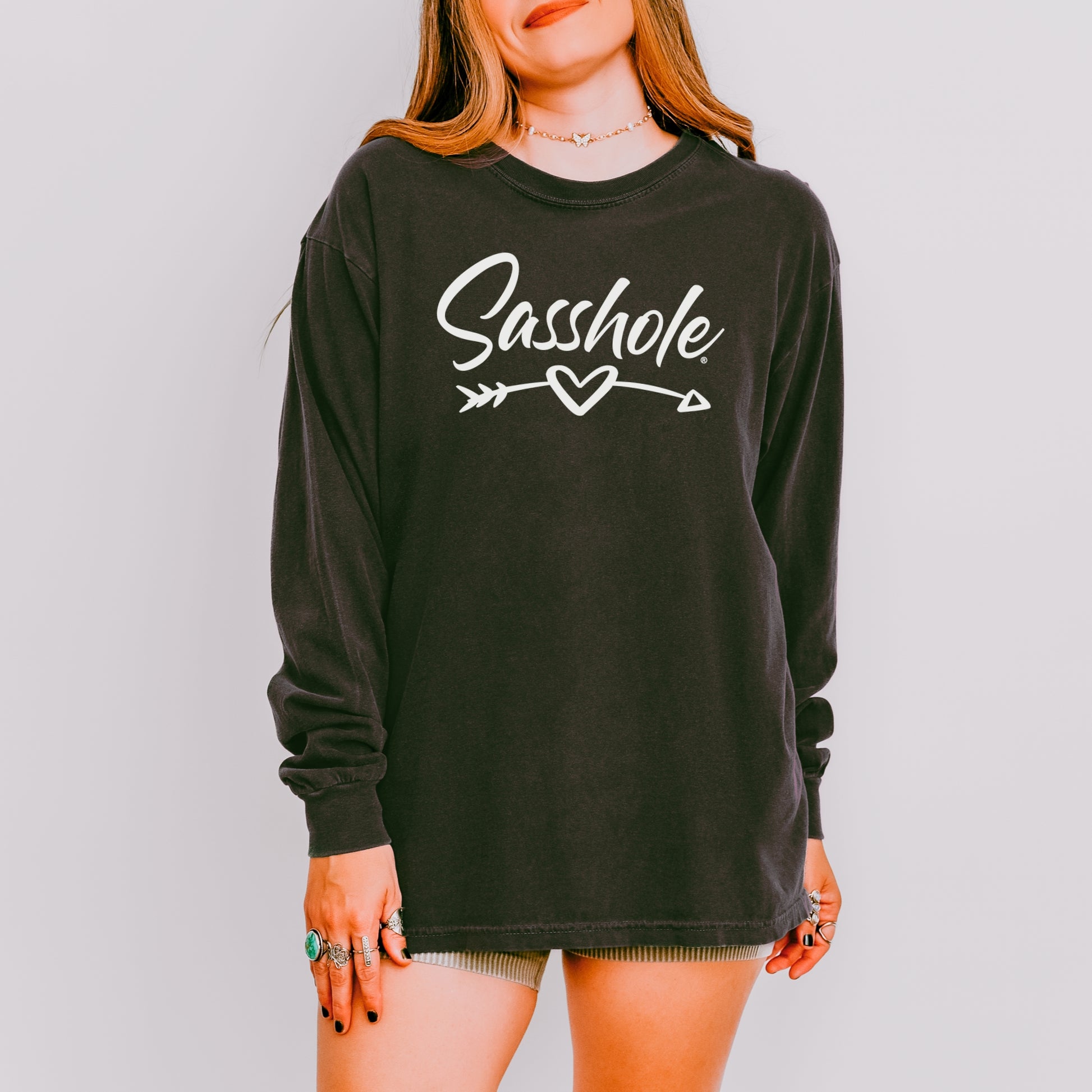 Sasshole® Women’s Long Sleeve Tee – Heart & Arrow Graphic | Bold, Cozy Attitude