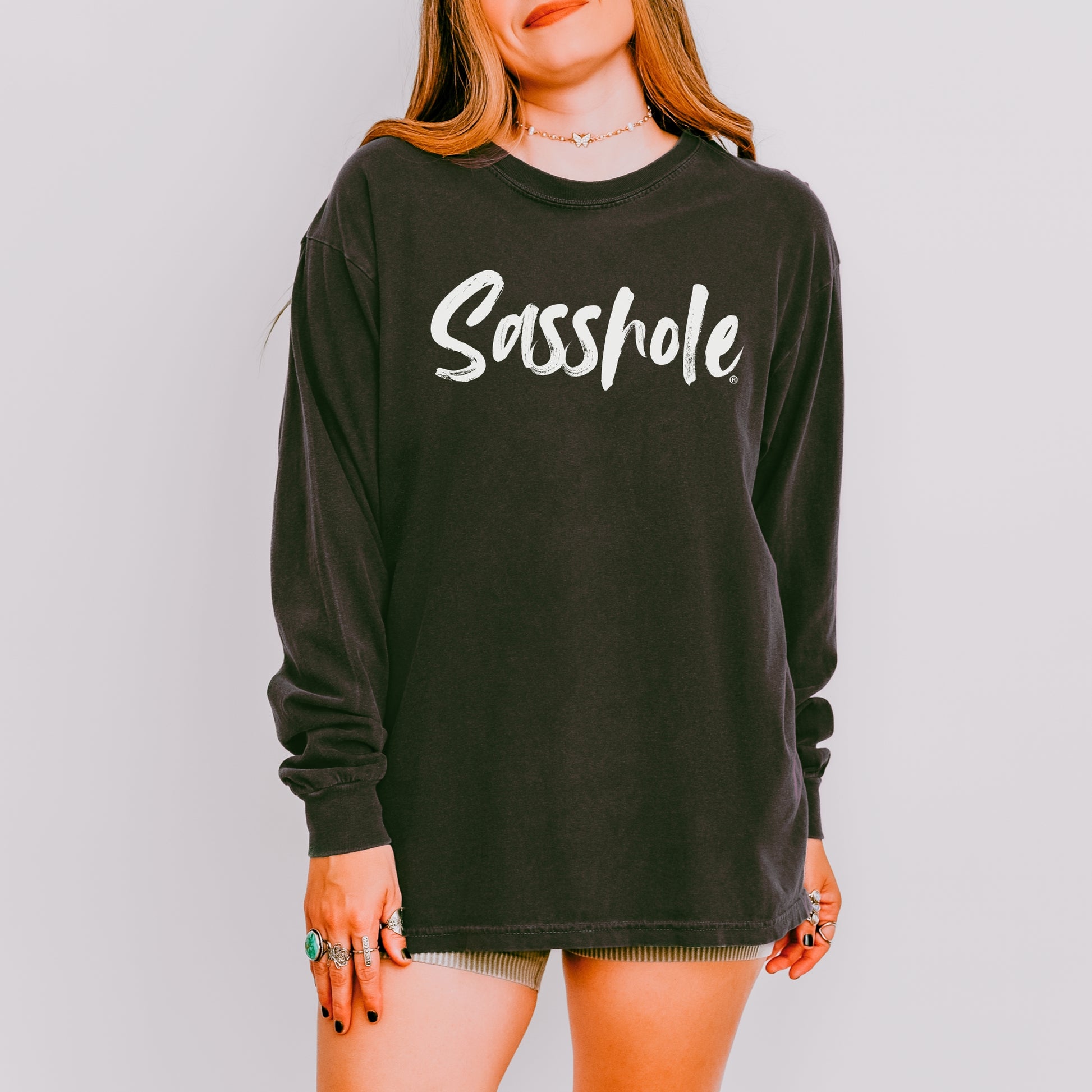 Sasshole® Women’s Comfort Colors® Long Sleeve Tee – Bold Script Logo, Funny Graphic Shirt