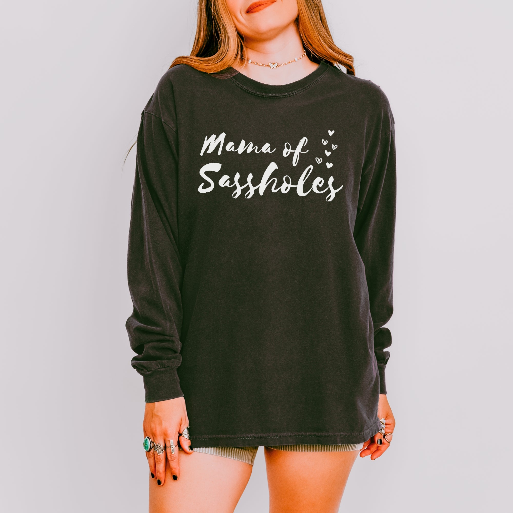 Image of Mama of Sassholes® Women’s Comfort Colors® Long Sleeve Tee – Funny Graphic Shirt for Moms, Bold Statement Top