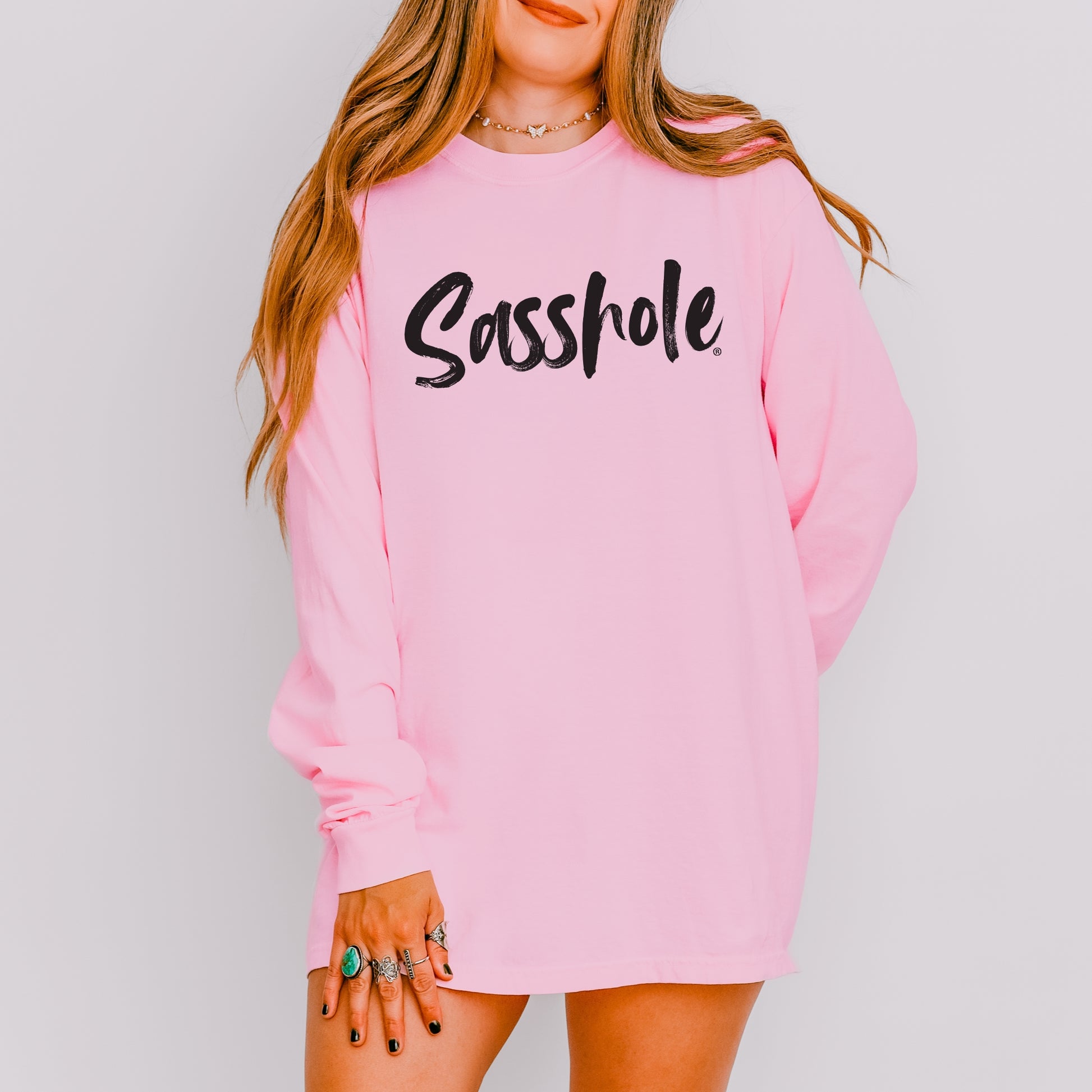 Sasshole® Women’s Comfort Colors® Long Sleeve Tee – Bold Script Logo, Funny Graphic Shirt