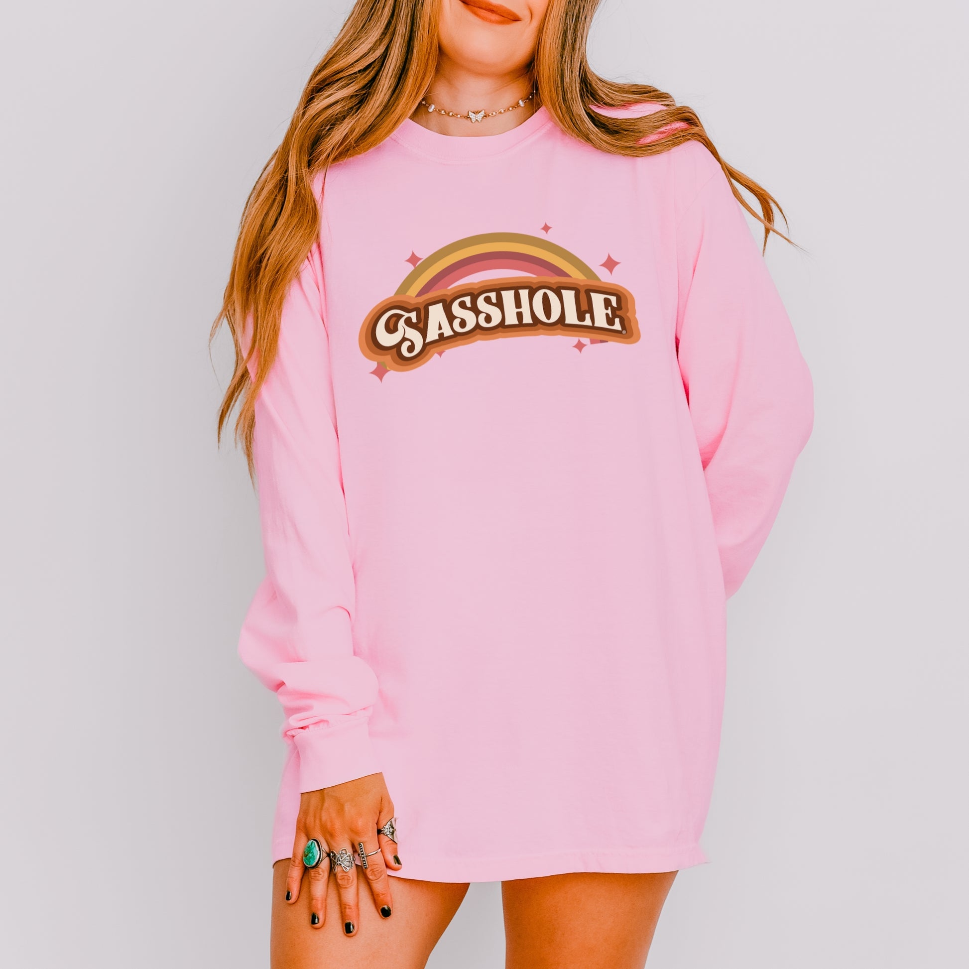 Sasshole® Women’s Comfort Colors® Long Sleeve Tee – “Retro Rainbow” Funny Graphic Shirt, Bold Statement Top