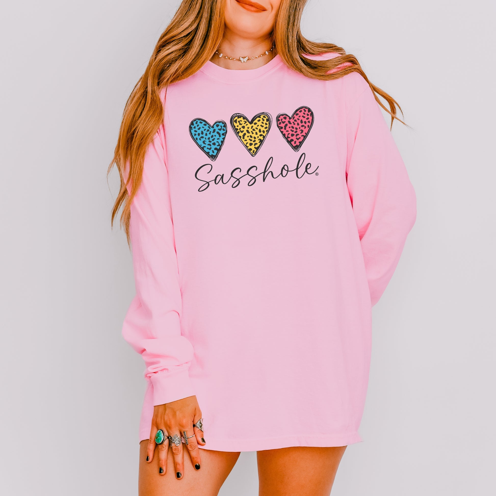 Sasshole® Women’s Comfort Colors® Long Sleeve Tee – “Triple Heart” Funny Graphic T-Shirt, Cozy Statement Shirt