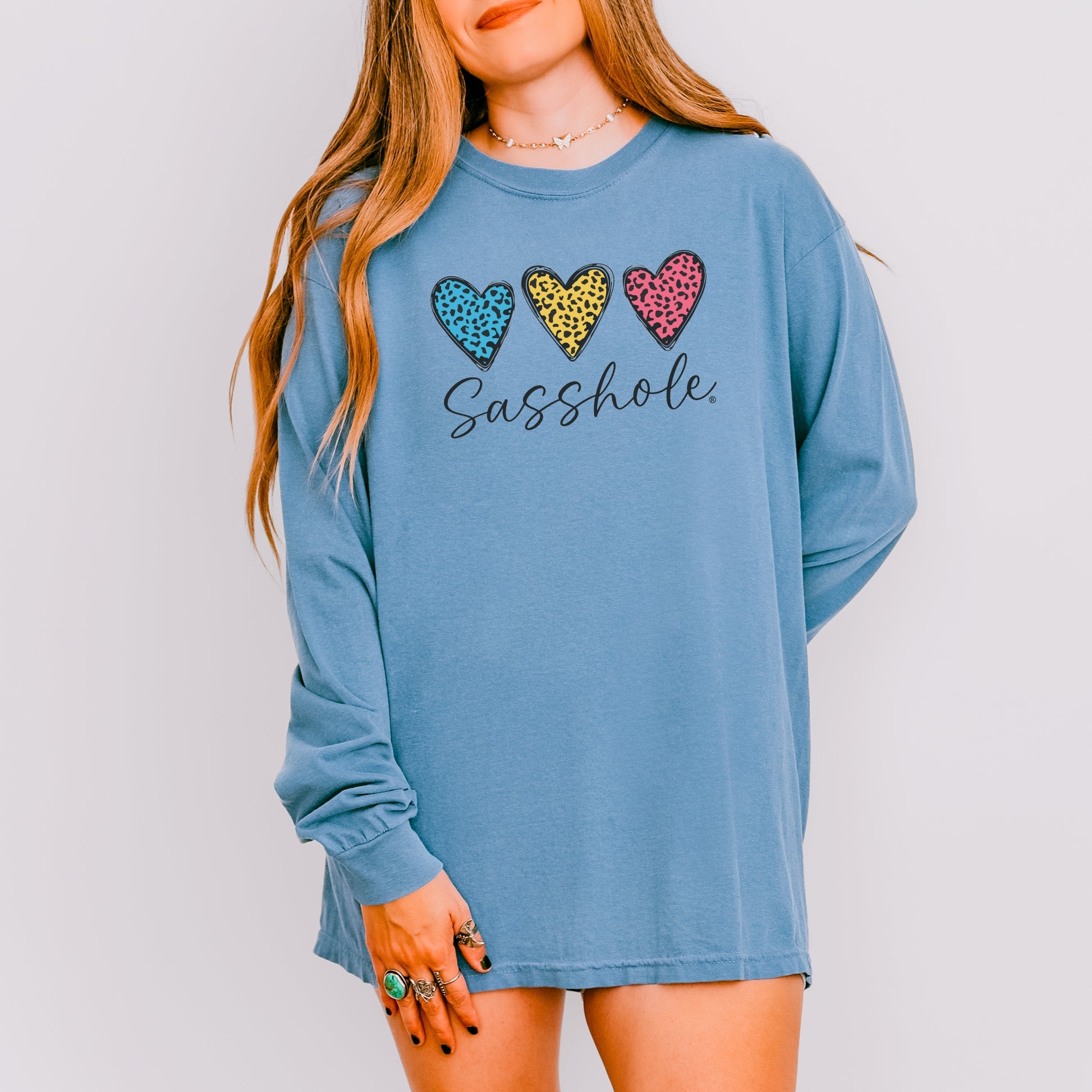 Sasshole® Women’s Comfort Colors® Long Sleeve Tee – “Triple Heart” Funny Graphic T-Shirt, Cozy Statement Shirt