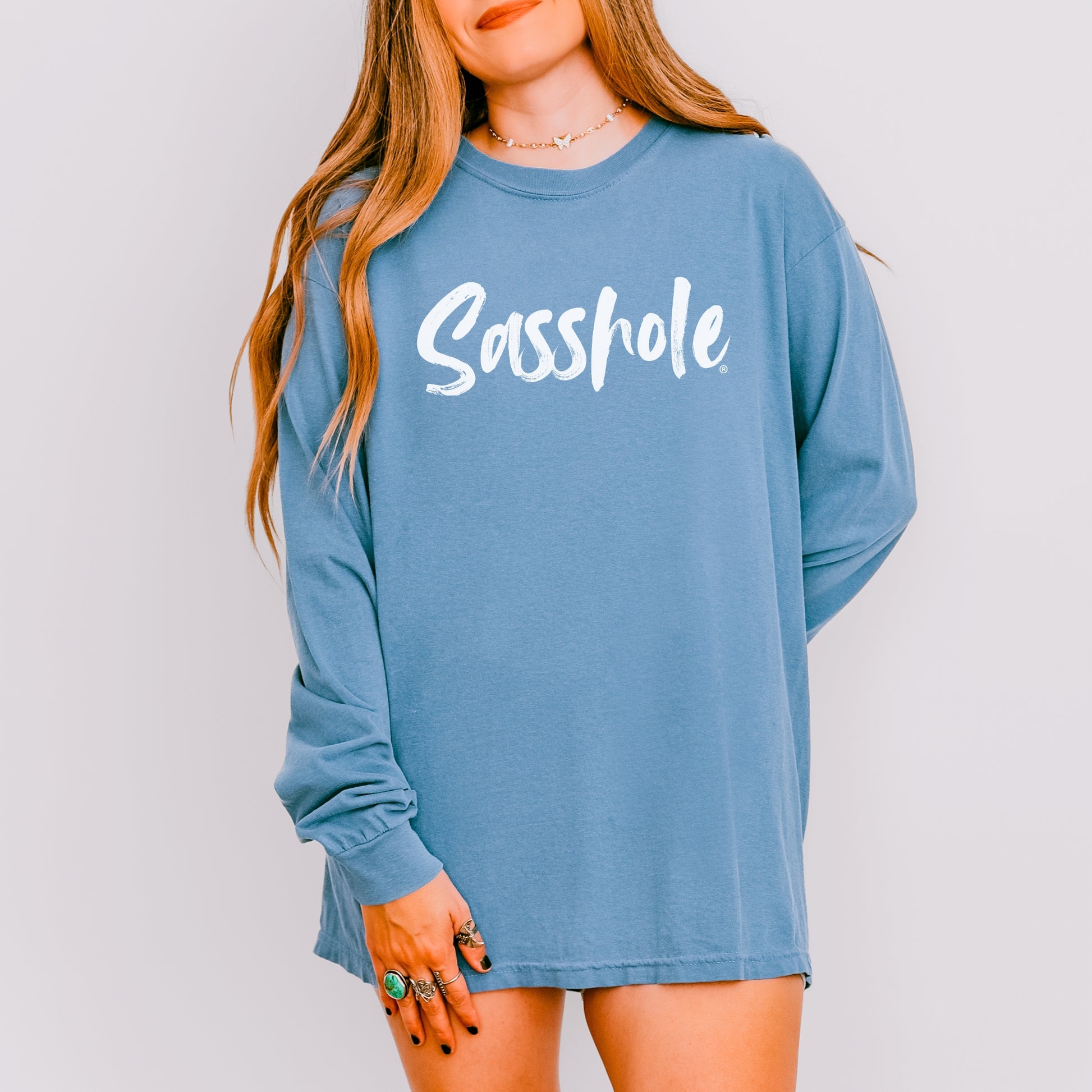 Sasshole® Women’s Comfort Colors® Long Sleeve Tee – Bold Script Logo, Funny Graphic Shirt