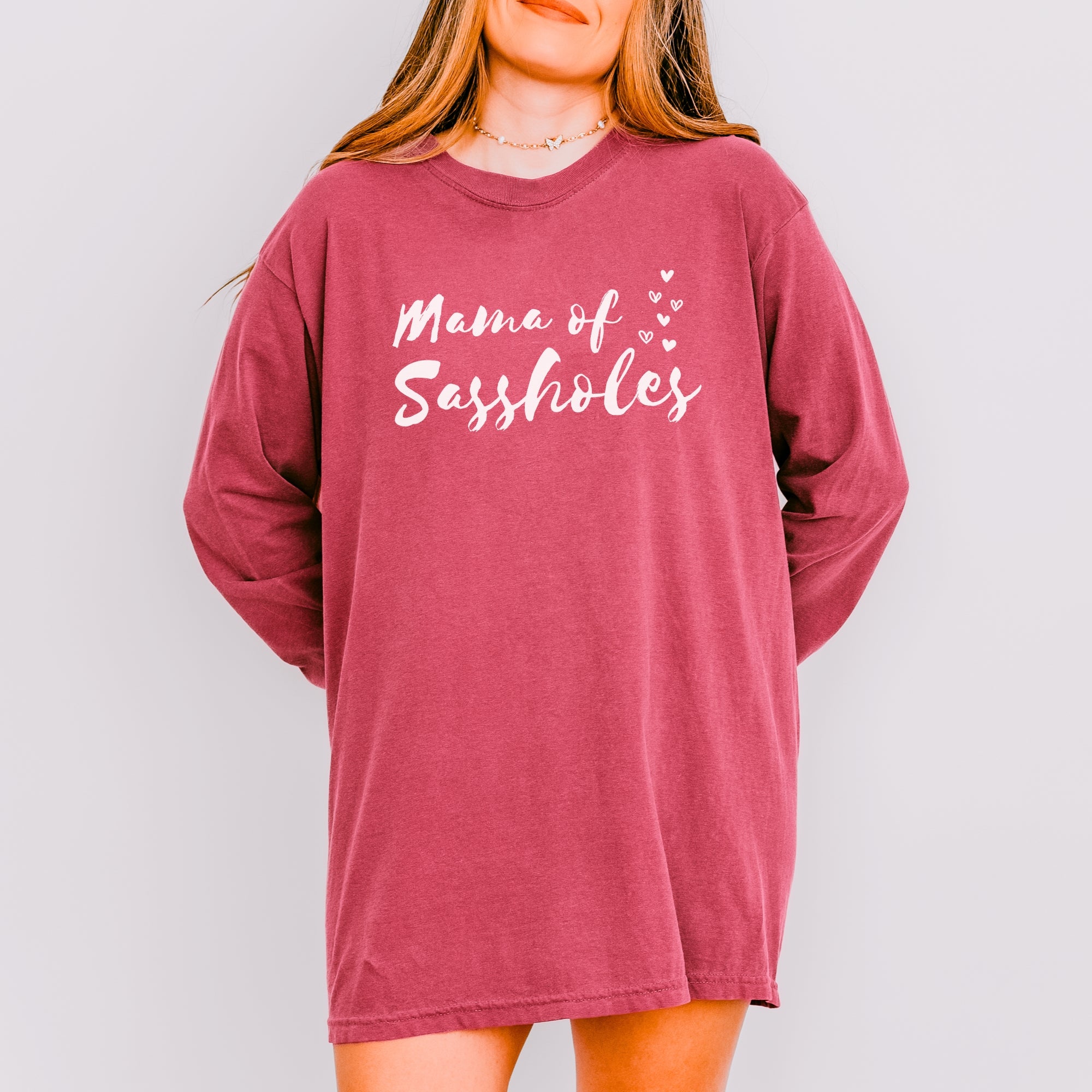 Image of Mama of Sassholes® Women’s Comfort Colors® Long Sleeve Tee – Funny Graphic Shirt for Moms, Bold Statement Top