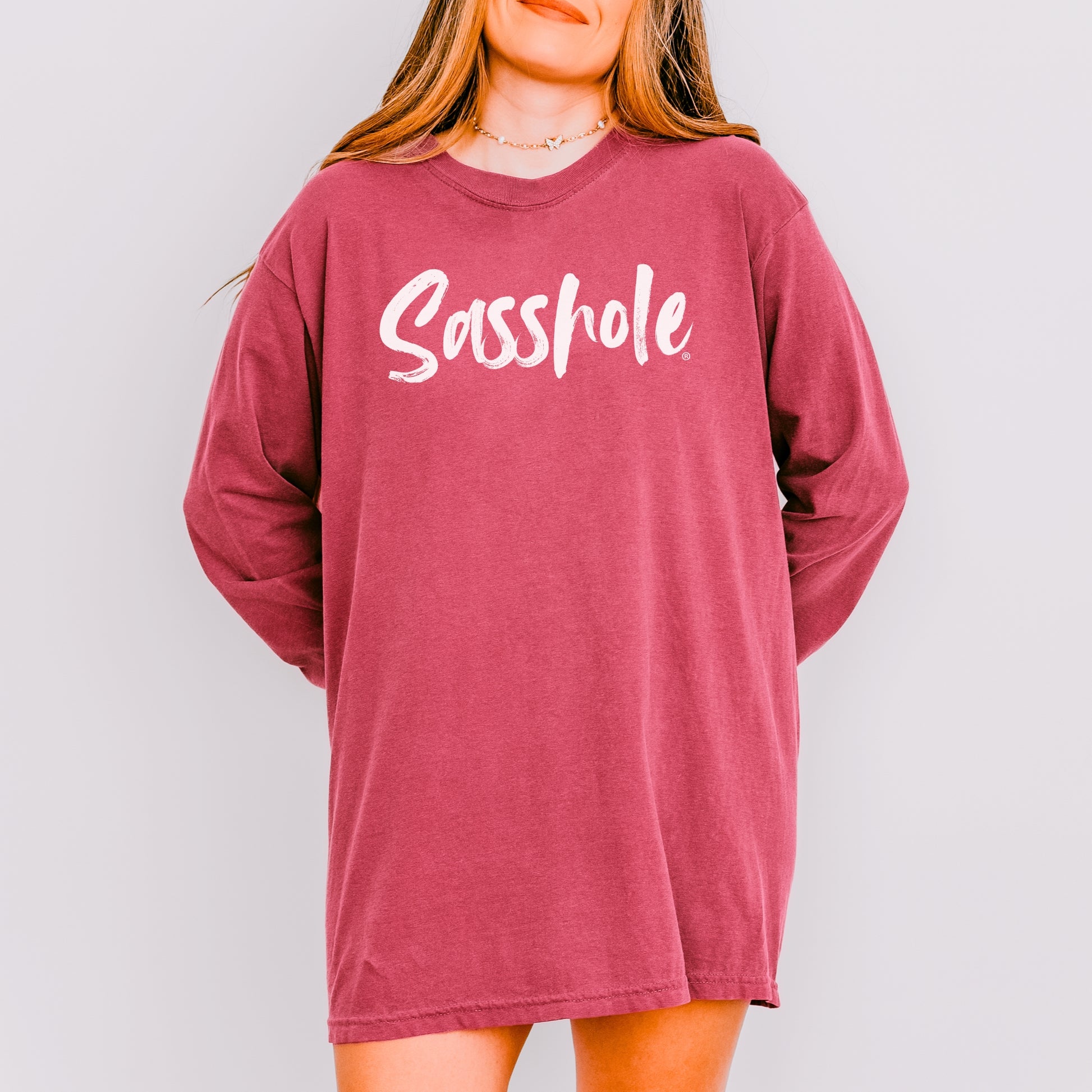 Sasshole® Women’s Comfort Colors® Long Sleeve Tee – Bold Script Logo, Funny Graphic Shirt