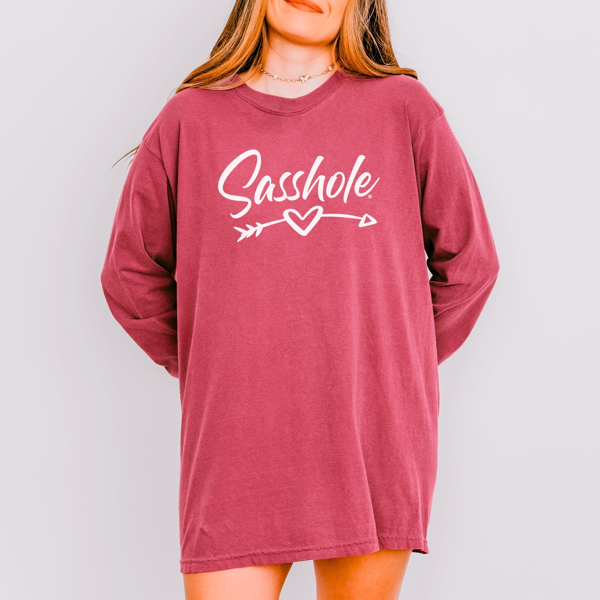 Image of Sasshole® Women’s Long Sleeve Tee – Heart & Arrow Graphic | Bold, Cozy Attitude