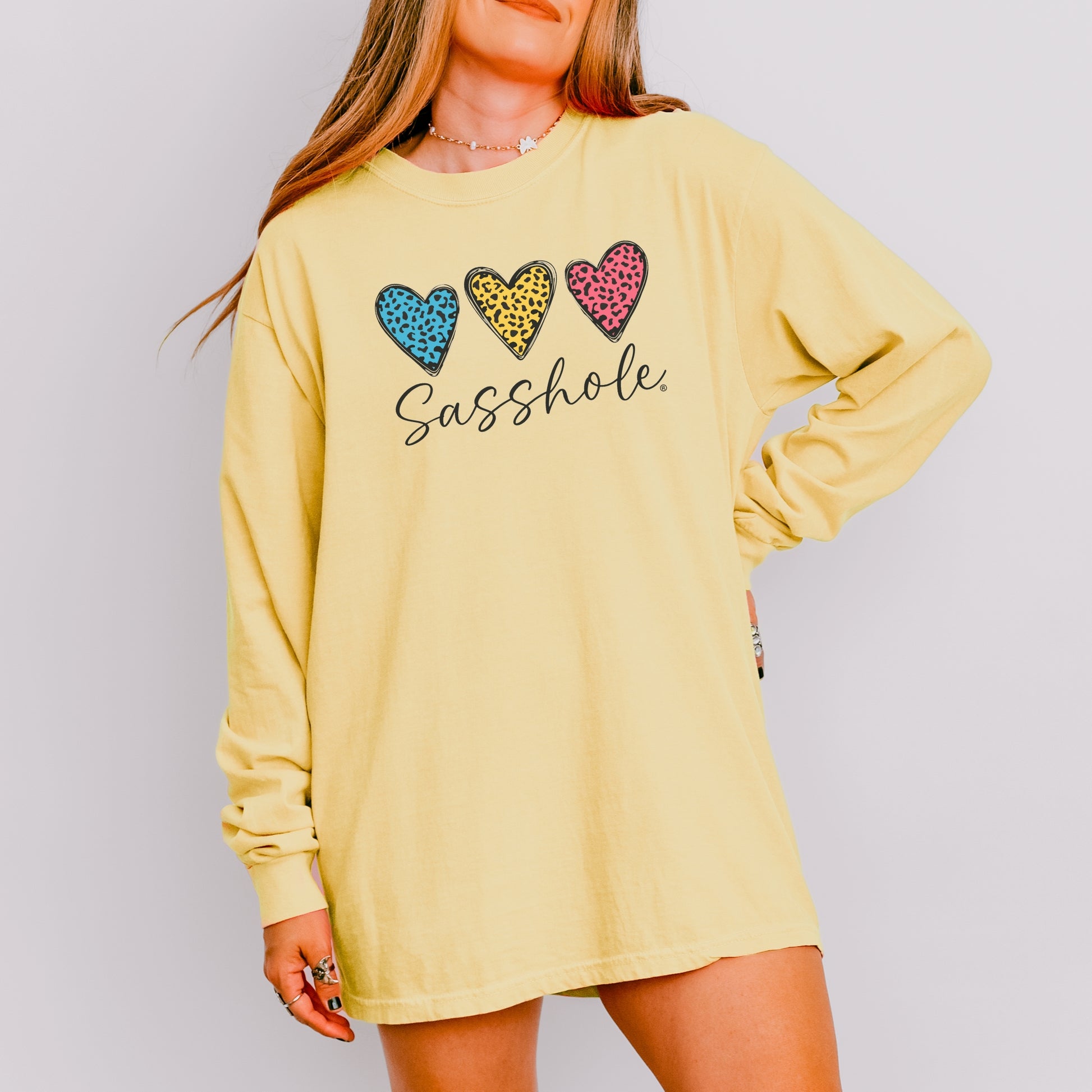 Sasshole® Women’s Comfort Colors® Long Sleeve Tee – “Triple Heart” Funny Graphic T-Shirt, Cozy Statement Shirt