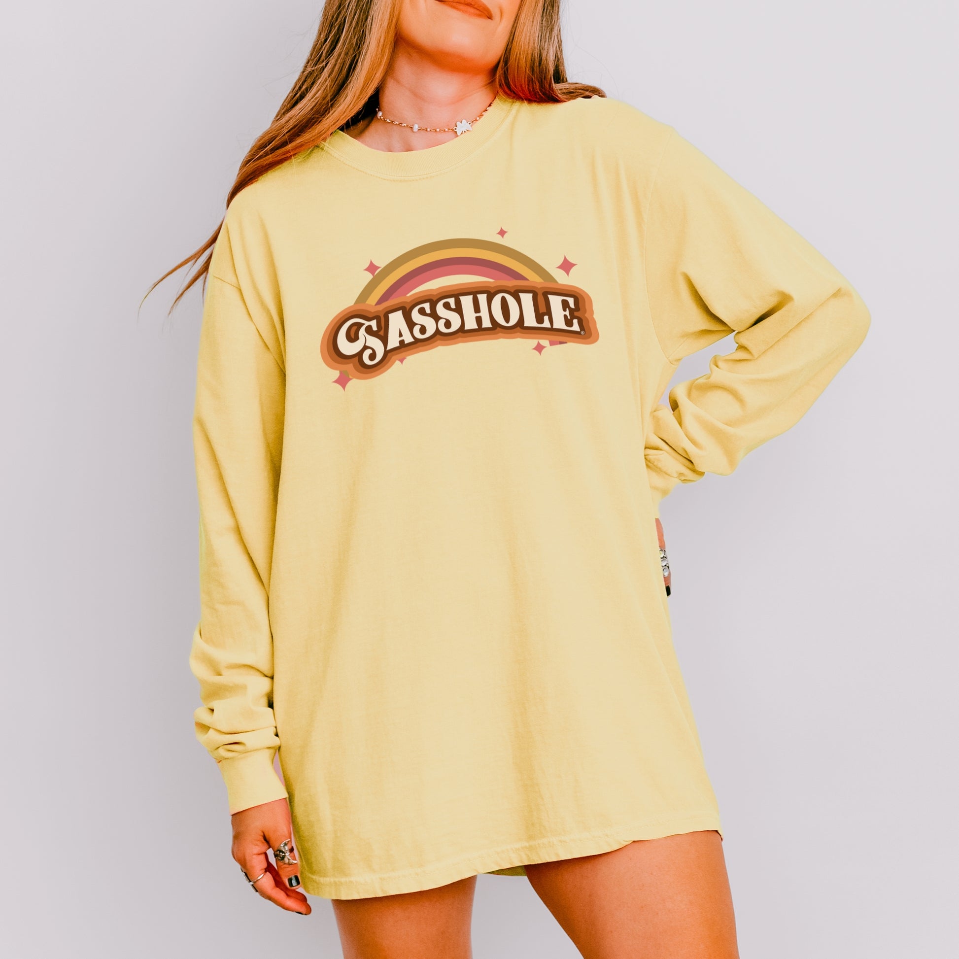 Sasshole® Women’s Comfort Colors® Long Sleeve Tee – “Retro Rainbow” Funny Graphic Shirt, Bold Statement Top