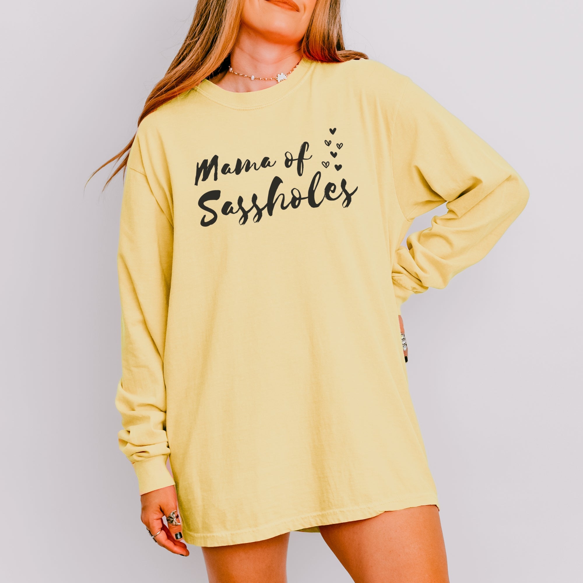 Image of Mama of Sassholes® Women’s Comfort Colors® Long Sleeve Tee – Funny Graphic Shirt for Moms, Bold Statement Top