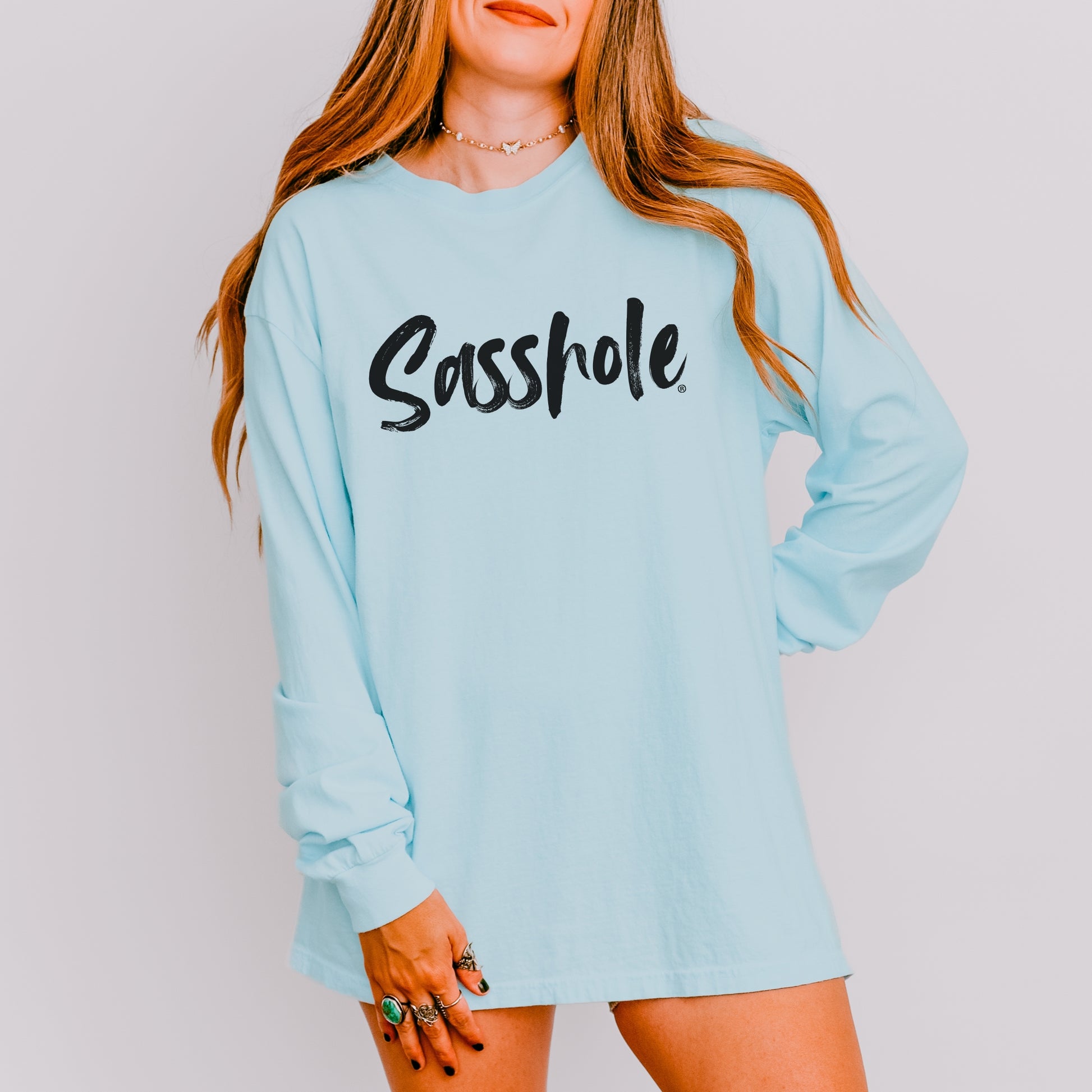 Sasshole® Women’s Comfort Colors® Long Sleeve Tee – Bold Script Logo, Funny Graphic Shirt
