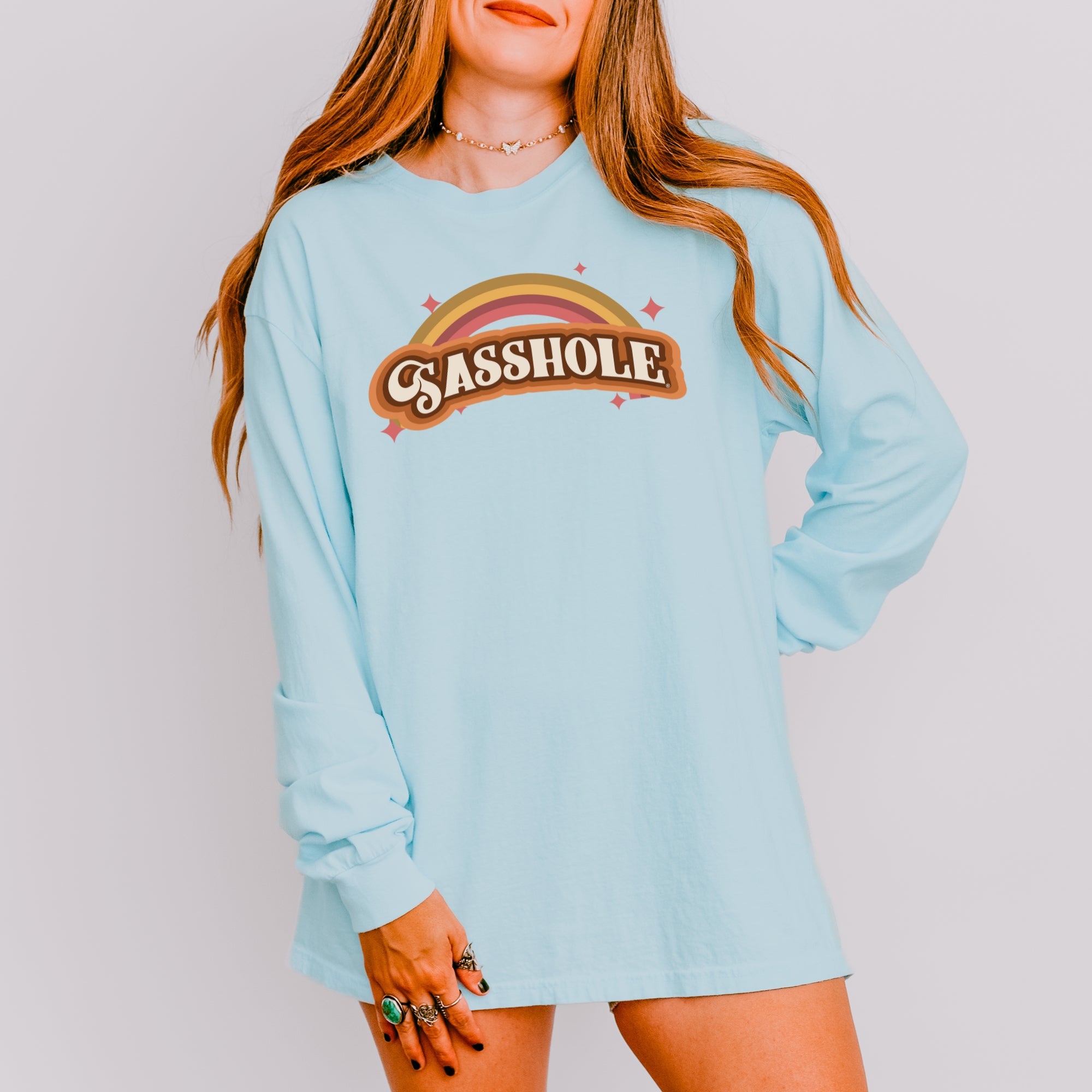 Image of Sasshole® Women’s Comfort Colors® Long Sleeve Tee – “Retro Rainbow” Funny Graphic Shirt, Bold Statement Top