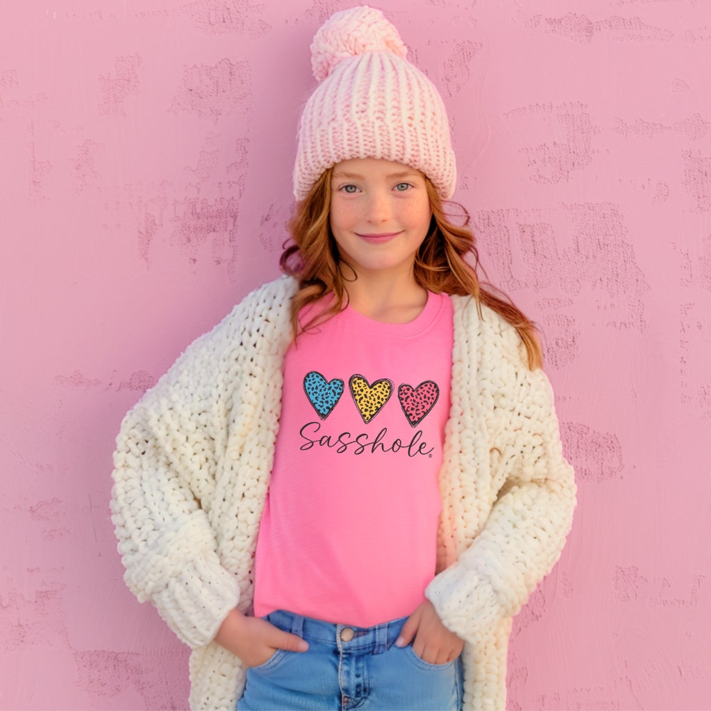 Sasshole® Youth Tee – Leopard Heart Graphic Shirt for Kids | Fun & Bold Children’s T-Shirt