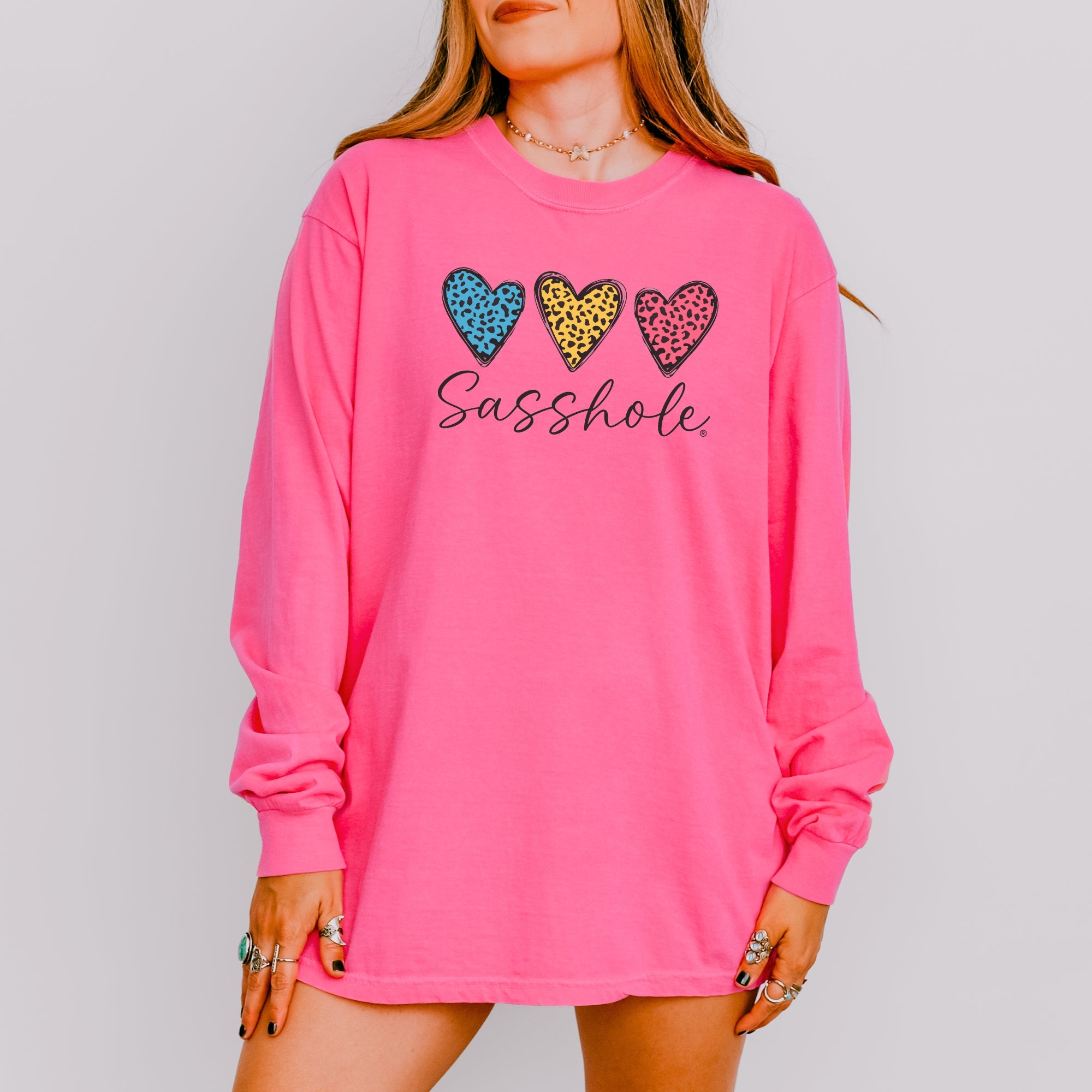Image of Sasshole® Women’s Comfort Colors® Long Sleeve Tee – “Triple Heart” Funny Graphic T-Shirt, Cozy Statement Shirt
