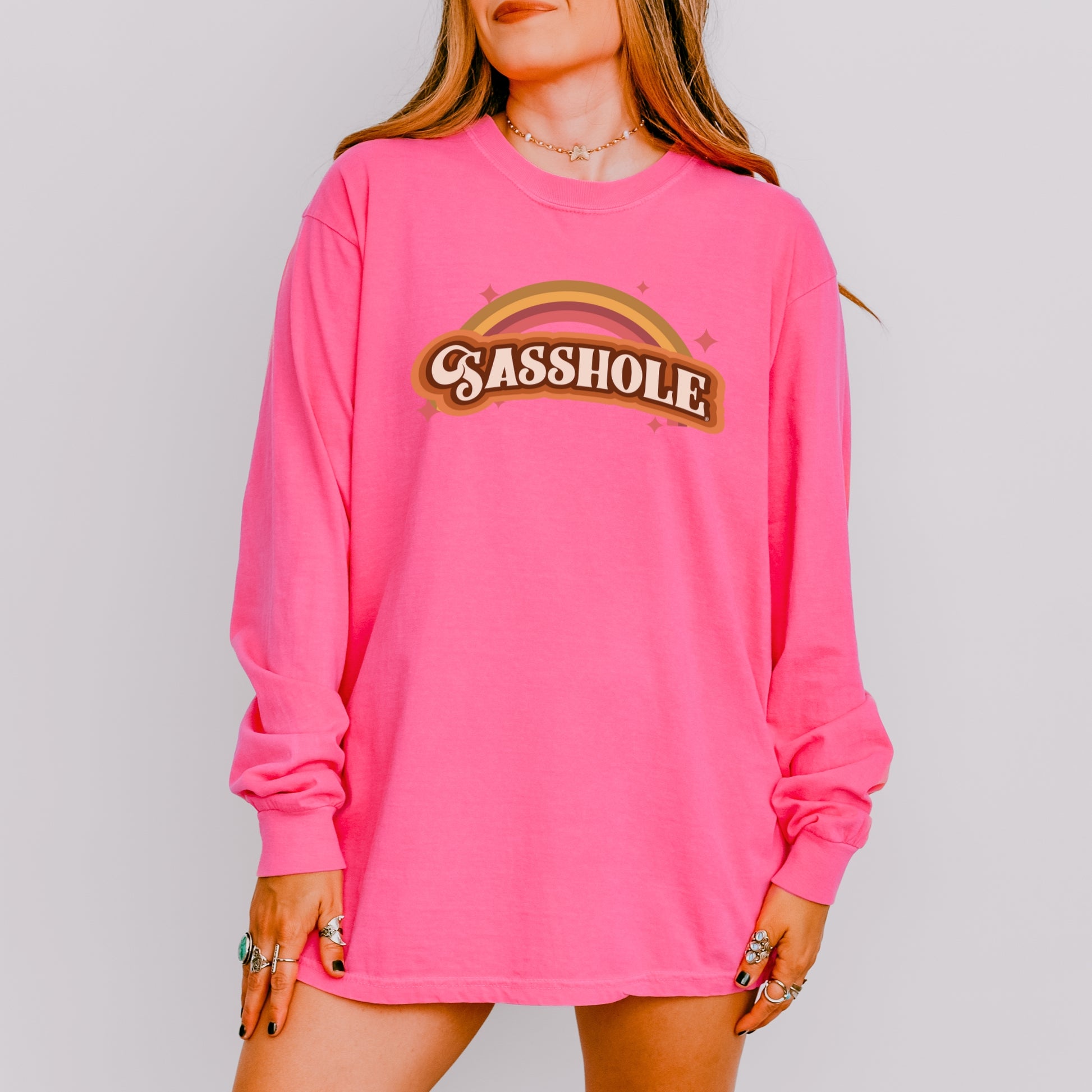 Sasshole® Women’s Comfort Colors® Long Sleeve Tee – “Retro Rainbow” Funny Graphic Shirt, Bold Statement Top