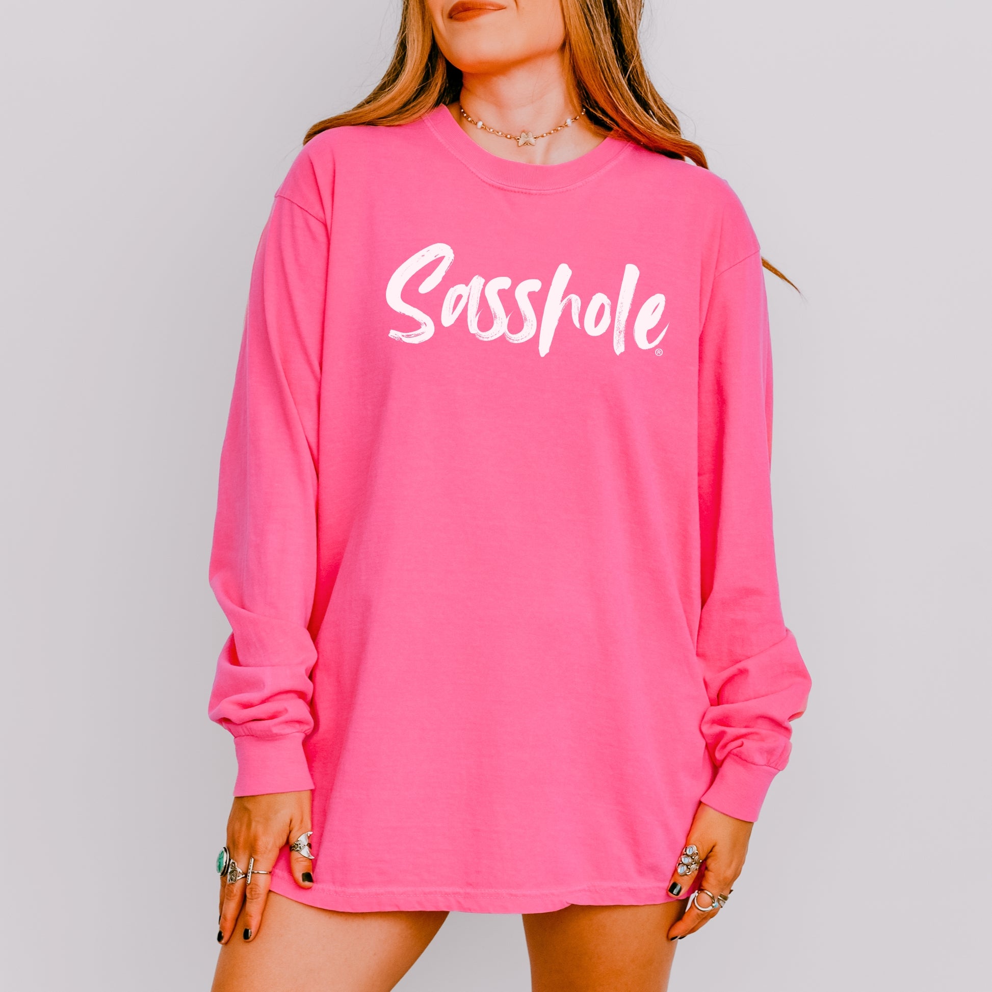 Sasshole® Women’s Comfort Colors® Long Sleeve Tee – Bold Script Logo, Funny Graphic Shirt