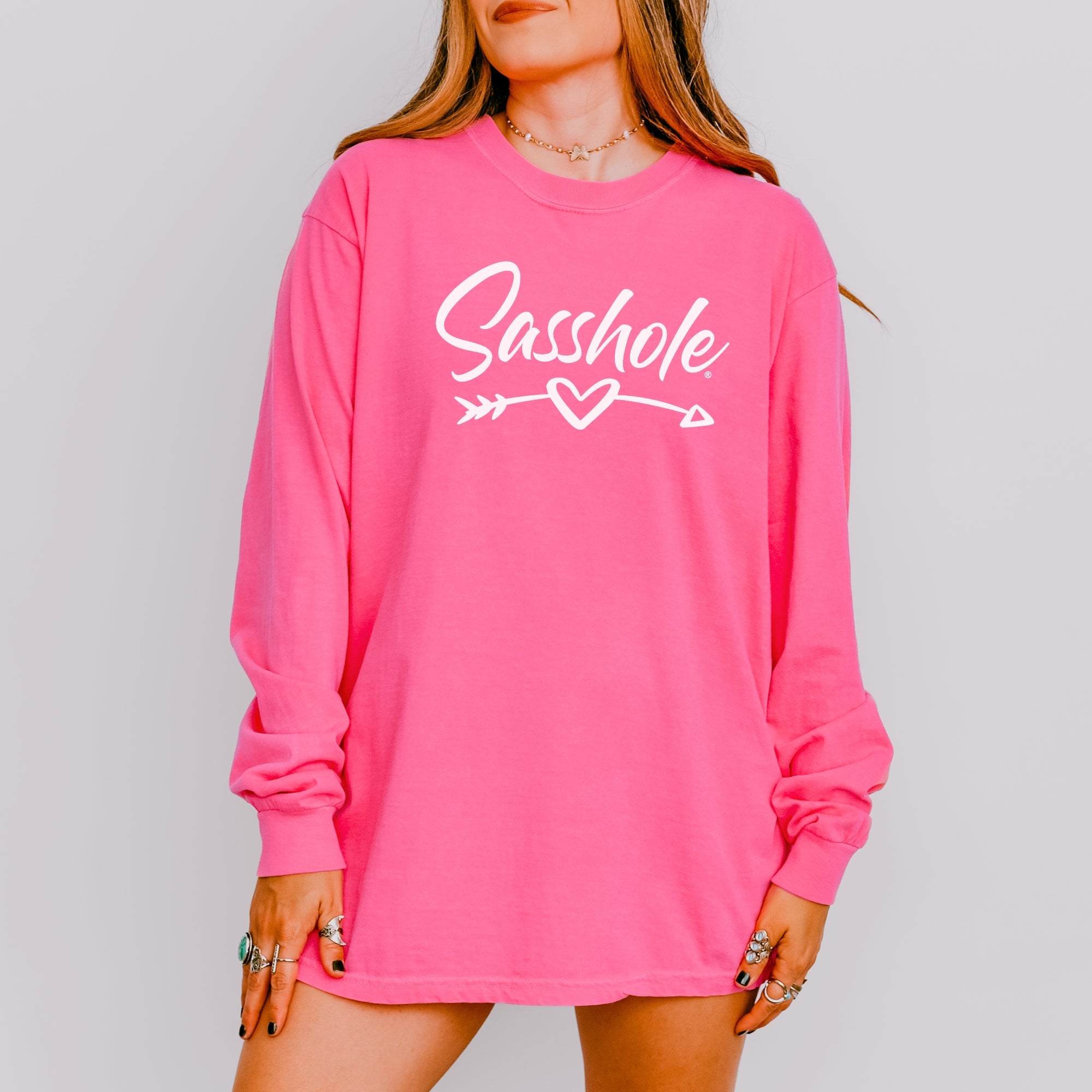 Image of Sasshole® Women’s Long Sleeve Tee – Heart & Arrow Graphic | Bold, Cozy Attitude