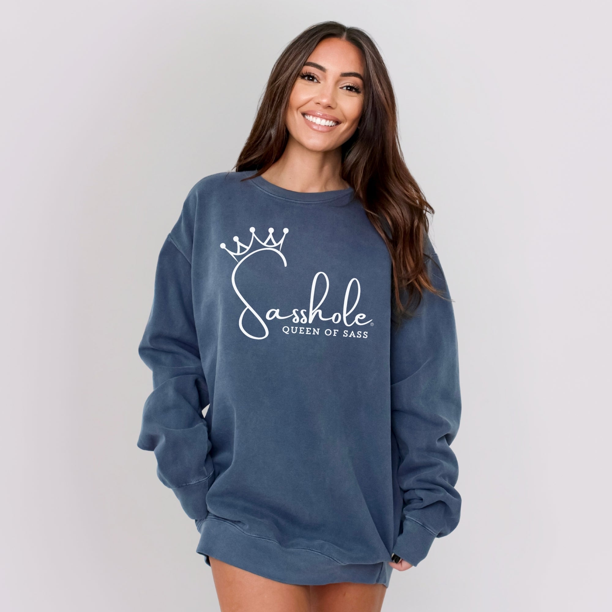 Image of Sasshole Queen of Sass Relaxed Fit Comfort Colors® Sweatshirt – Funny Women’s Graphic Pullover