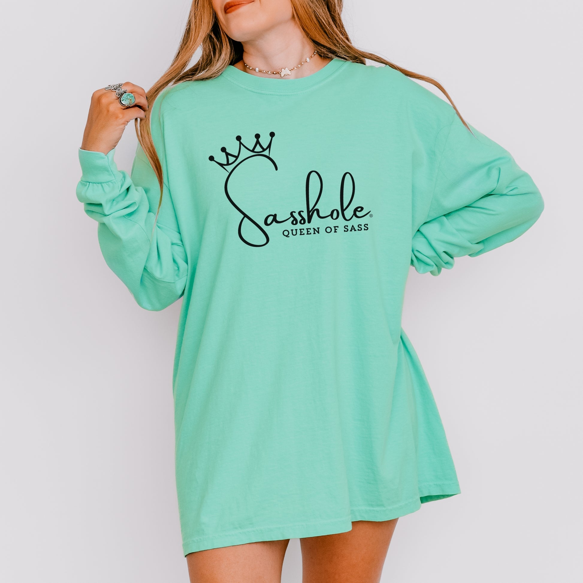 Sasshole® Queen of Sass Women’s Long Sleeve Tee – Funny Comfort Colors® Graphic Shirt