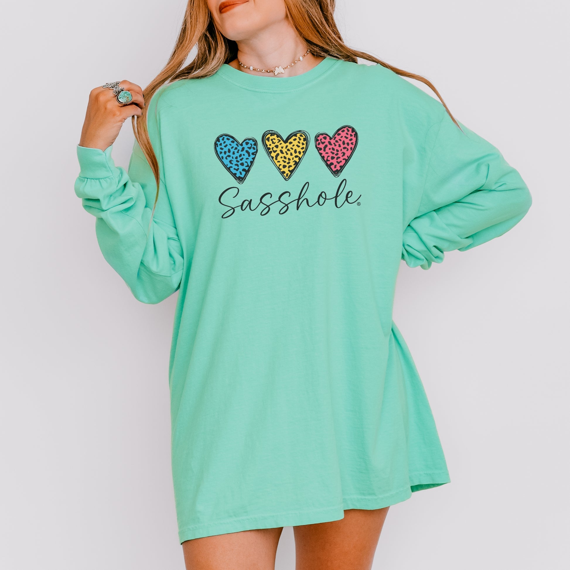 Sasshole® Women’s Comfort Colors® Long Sleeve Tee – “Triple Heart” Funny Graphic T-Shirt, Cozy Statement Shirt
