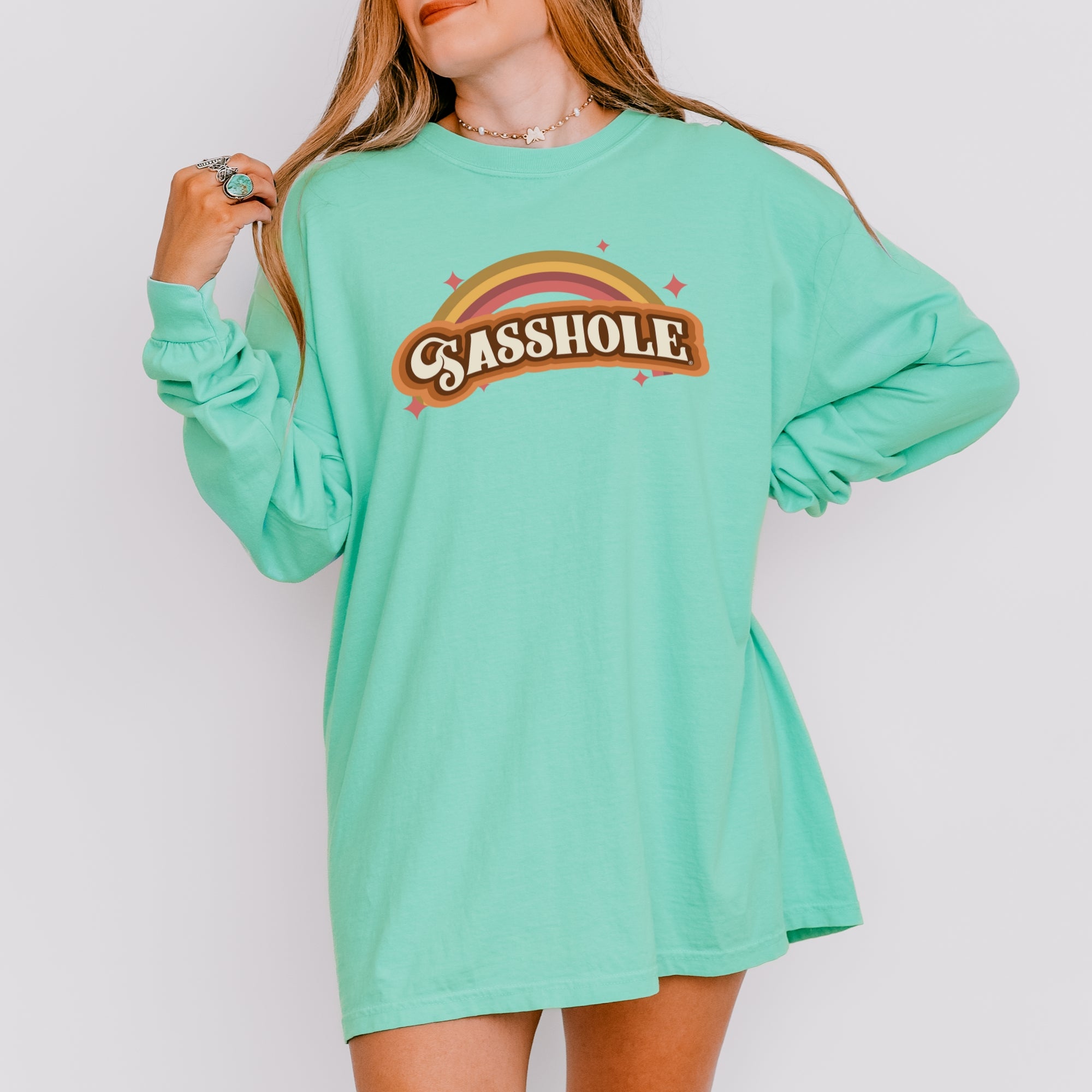 Image of Sasshole® Women’s Comfort Colors® Long Sleeve Tee – “Retro Rainbow” Funny Graphic Shirt, Bold Statement Top