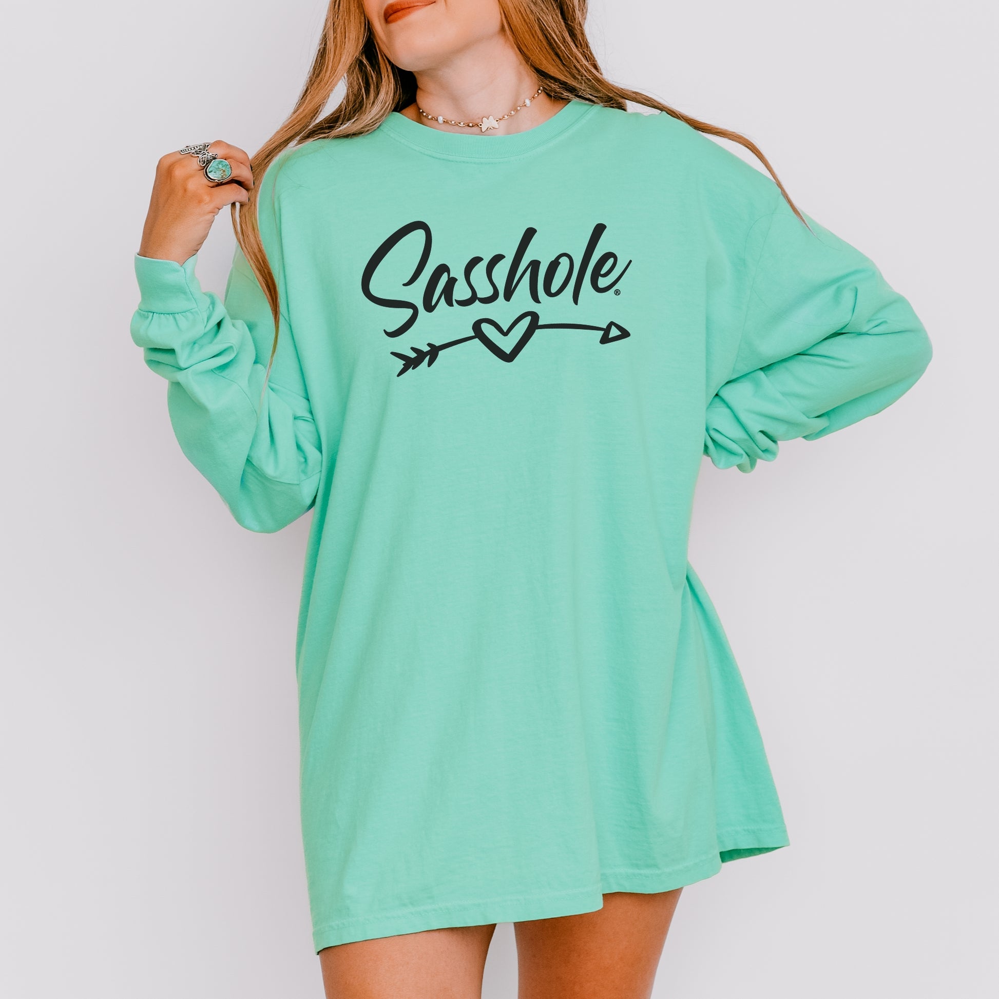 Sasshole® Women’s Long Sleeve Tee – Heart & Arrow Graphic | Bold, Cozy Attitude