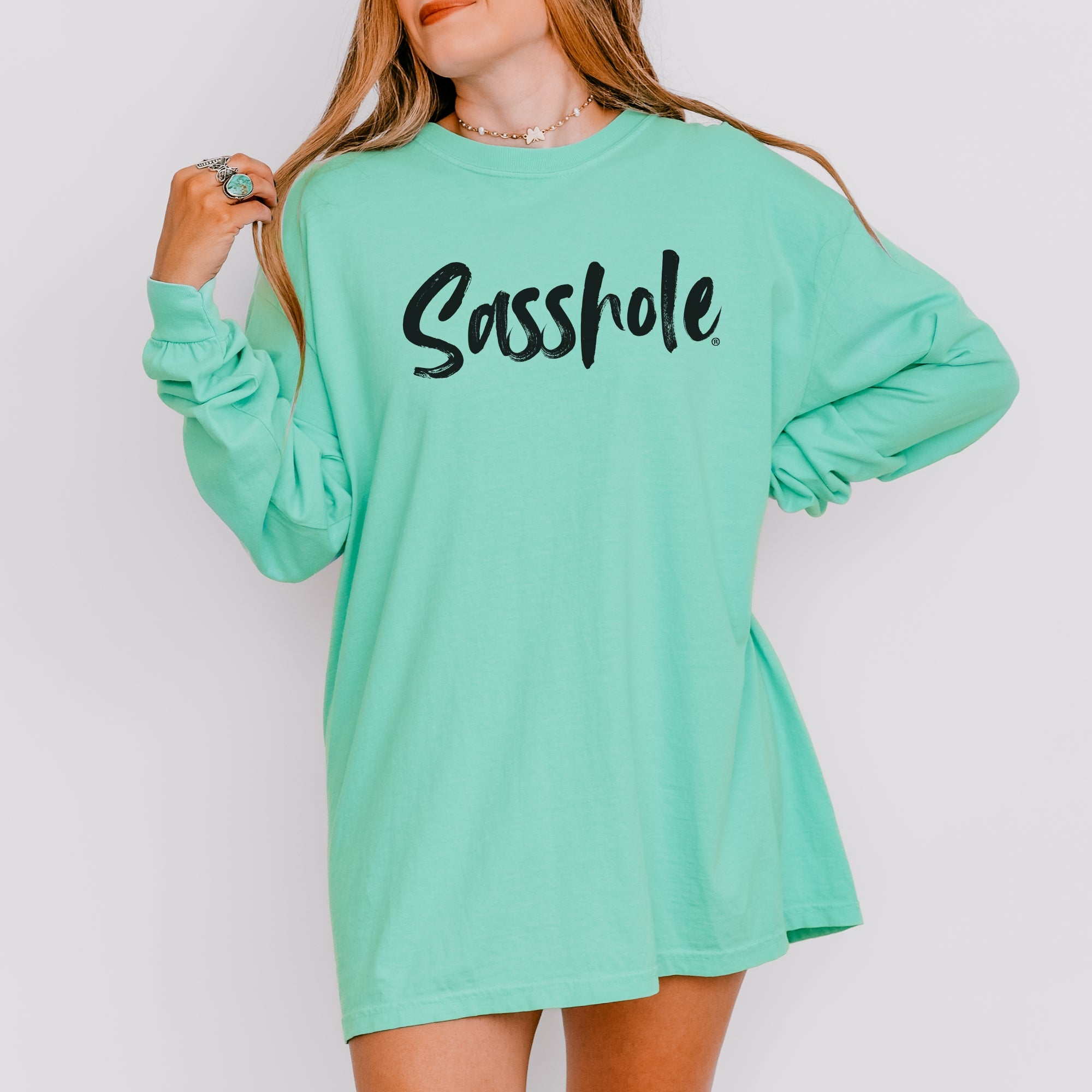 Image of Sasshole® Women’s Comfort Colors® Long Sleeve Tee – Bold Script Logo, Funny Graphic Shirt