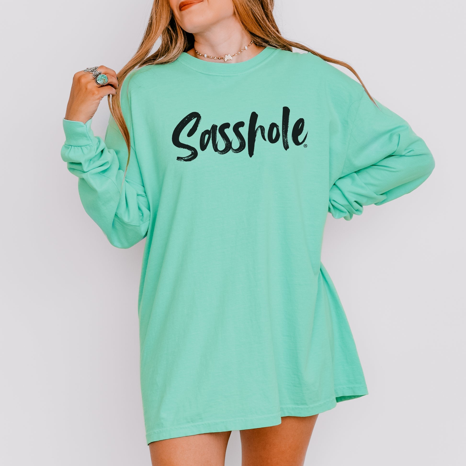 Sasshole® Women’s Comfort Colors® Long Sleeve Tee – Bold Script Logo, Funny Graphic Shirt