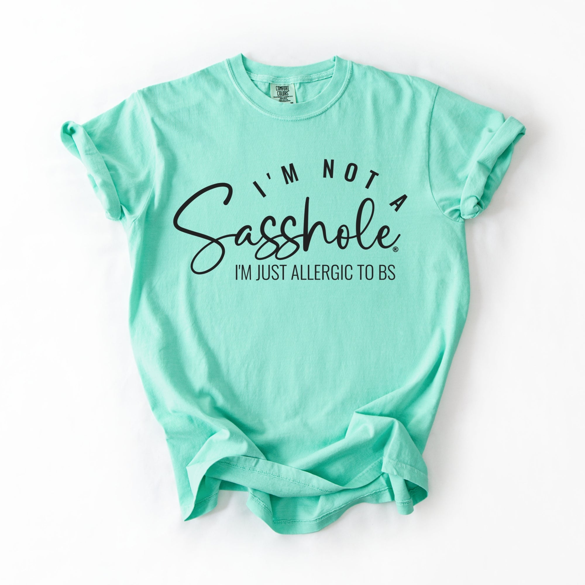 Image of Sasshole Women’s Comfort Colors® Tee – “I’m Not a Sasshole, I’m Just Allergic to BS” Funny Graphic Shirt (Relaxed Fit)