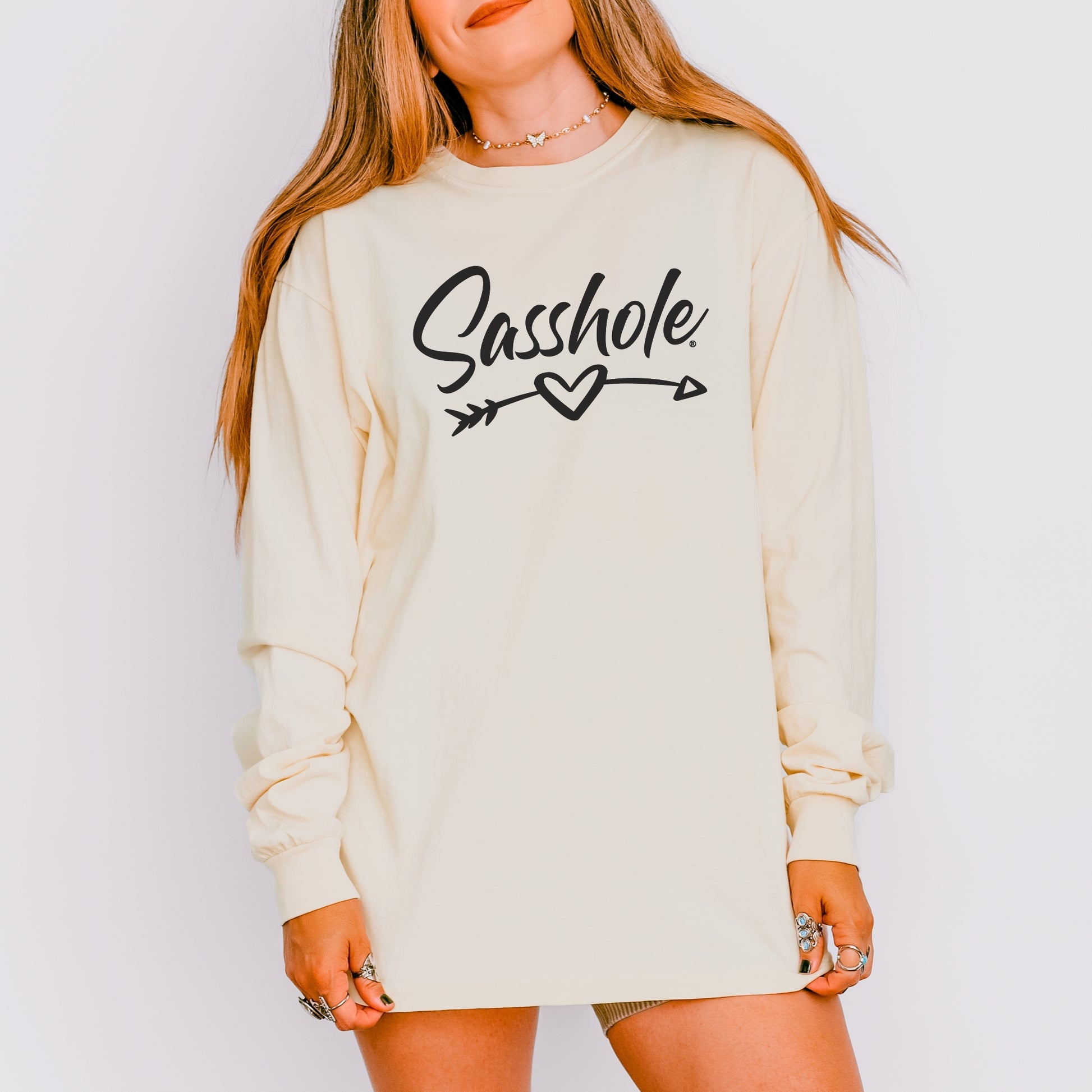 Sasshole® Women’s Long Sleeve Tee – Heart & Arrow Graphic | Bold, Cozy Attitude