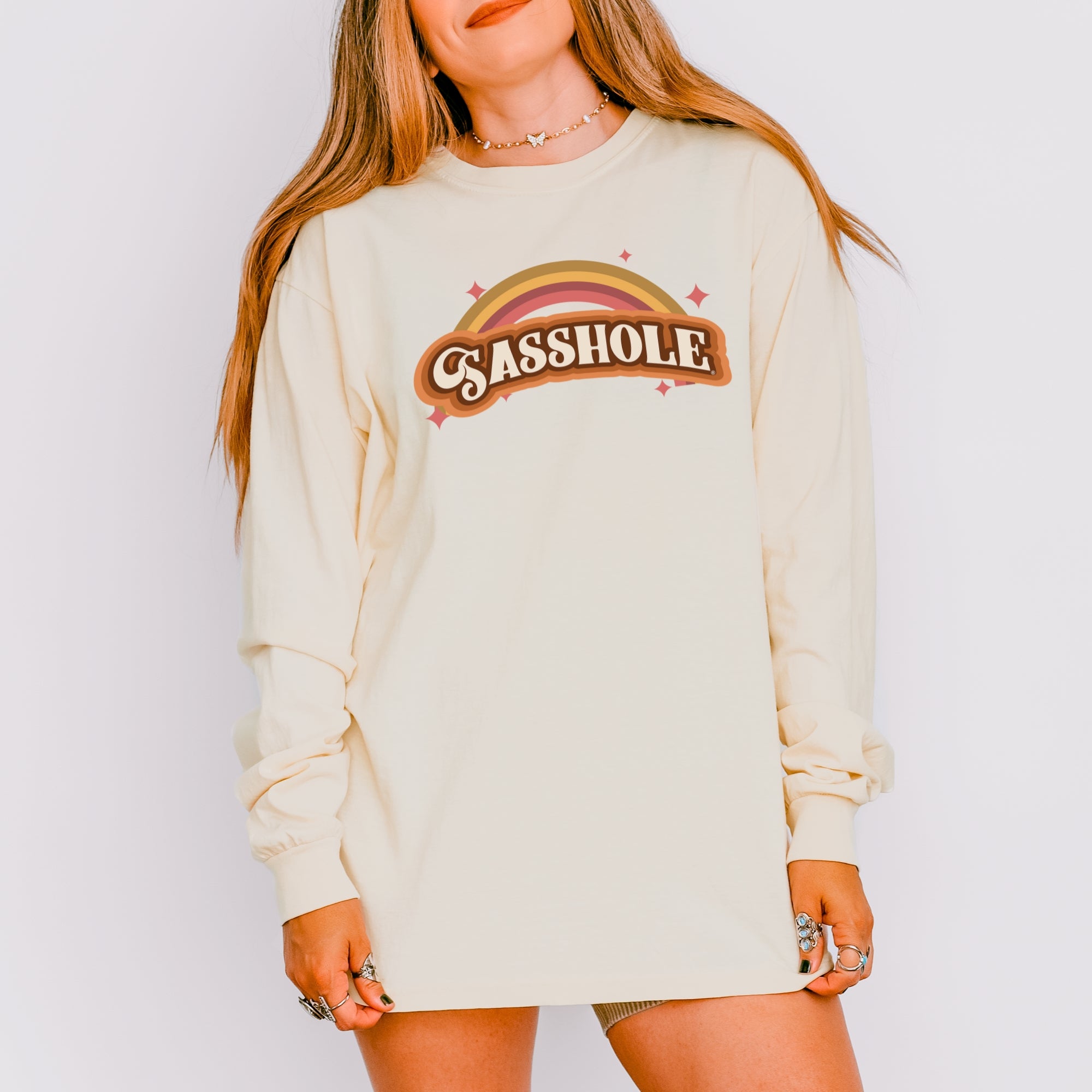 Image of Sasshole® Women’s Comfort Colors® Long Sleeve Tee – “Retro Rainbow” Funny Graphic Shirt, Bold Statement Top