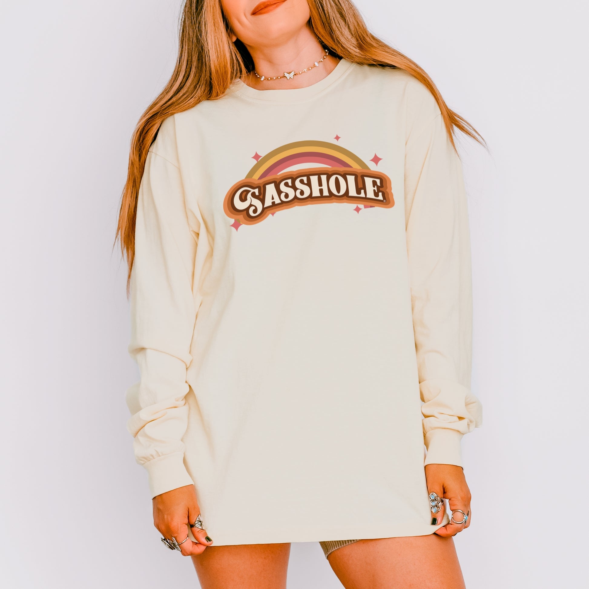 Sasshole® Women’s Comfort Colors® Long Sleeve Tee – “Retro Rainbow” Funny Graphic Shirt, Bold Statement Top