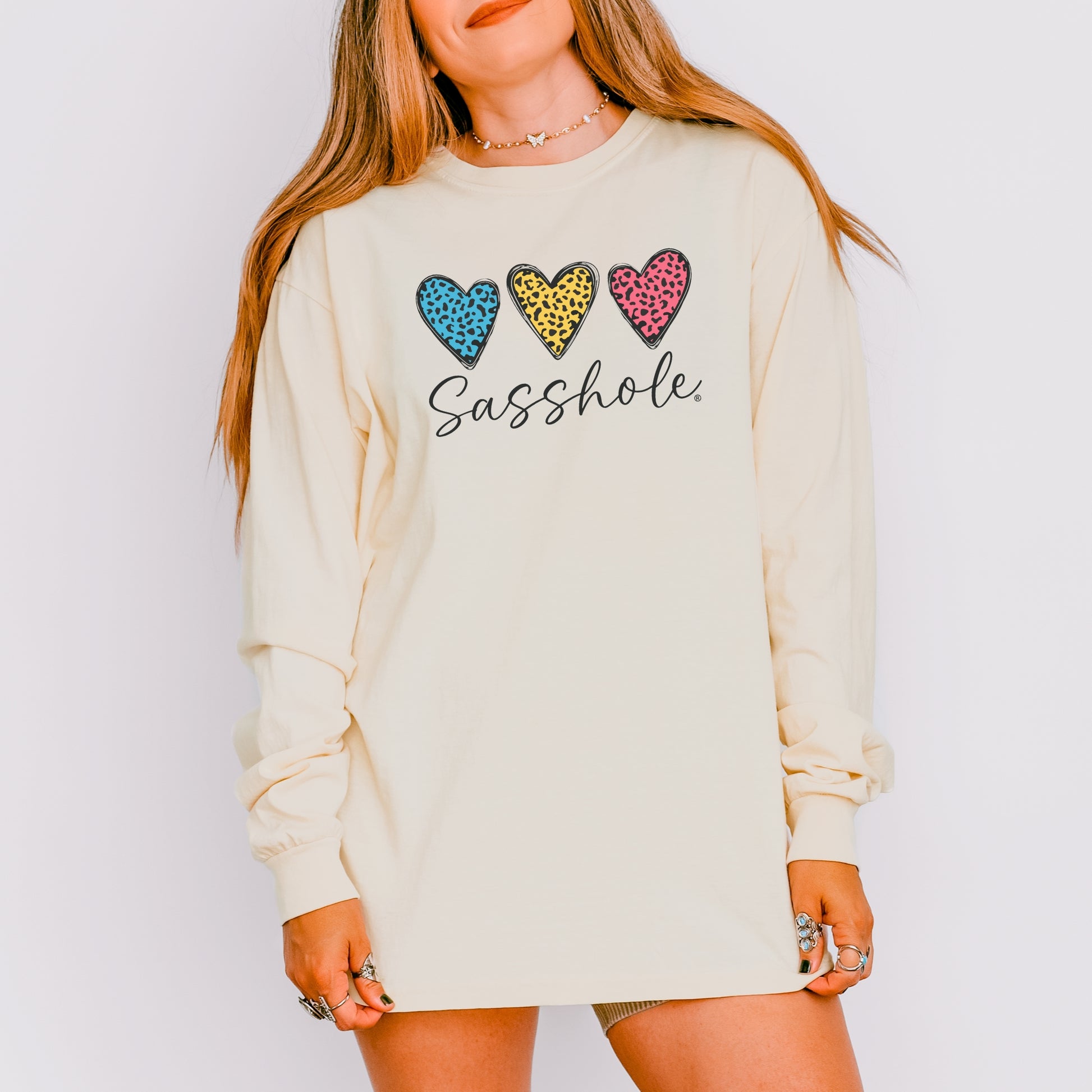 Sasshole® Women’s Comfort Colors® Long Sleeve Tee – “Triple Heart” Funny Graphic T-Shirt, Cozy Statement Shirt