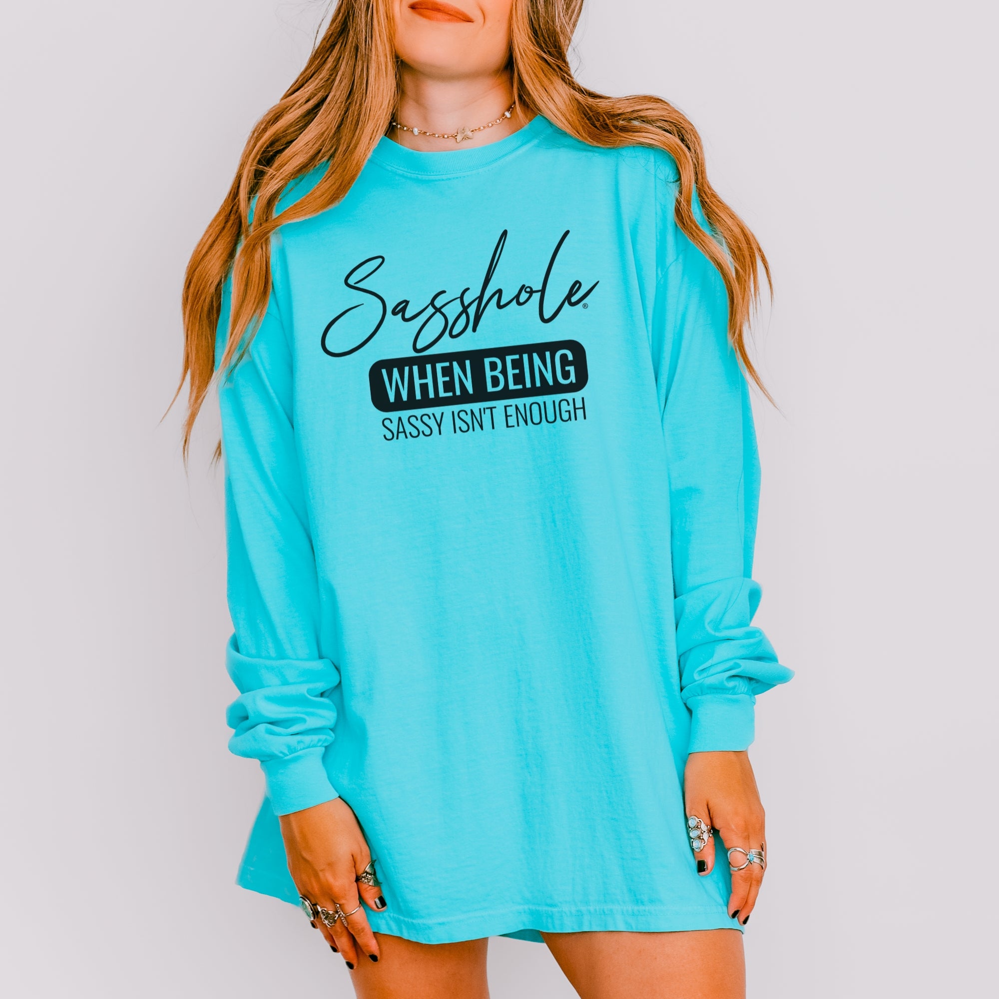 Image of Sasshole® Women’s Comfort Colors® Long Sleeve Tee – “When Being Sassy Isn’t Enough” Funny Graphic Shirt