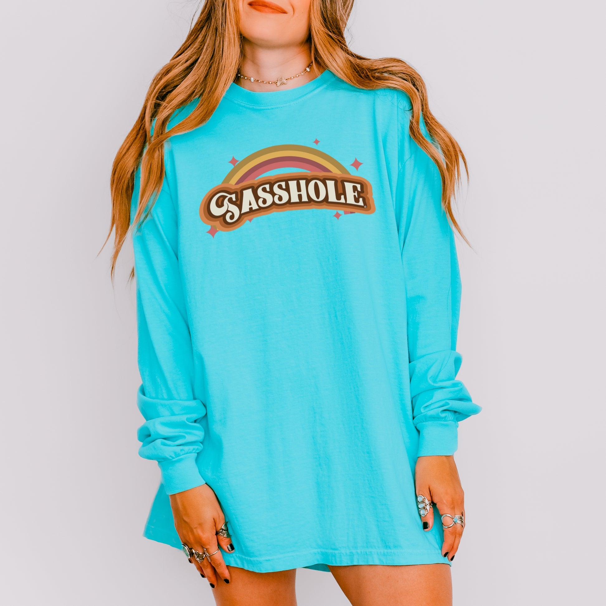 Sasshole® Women’s Comfort Colors® Long Sleeve Tee – “Retro Rainbow” Funny Graphic Shirt, Bold Statement Top