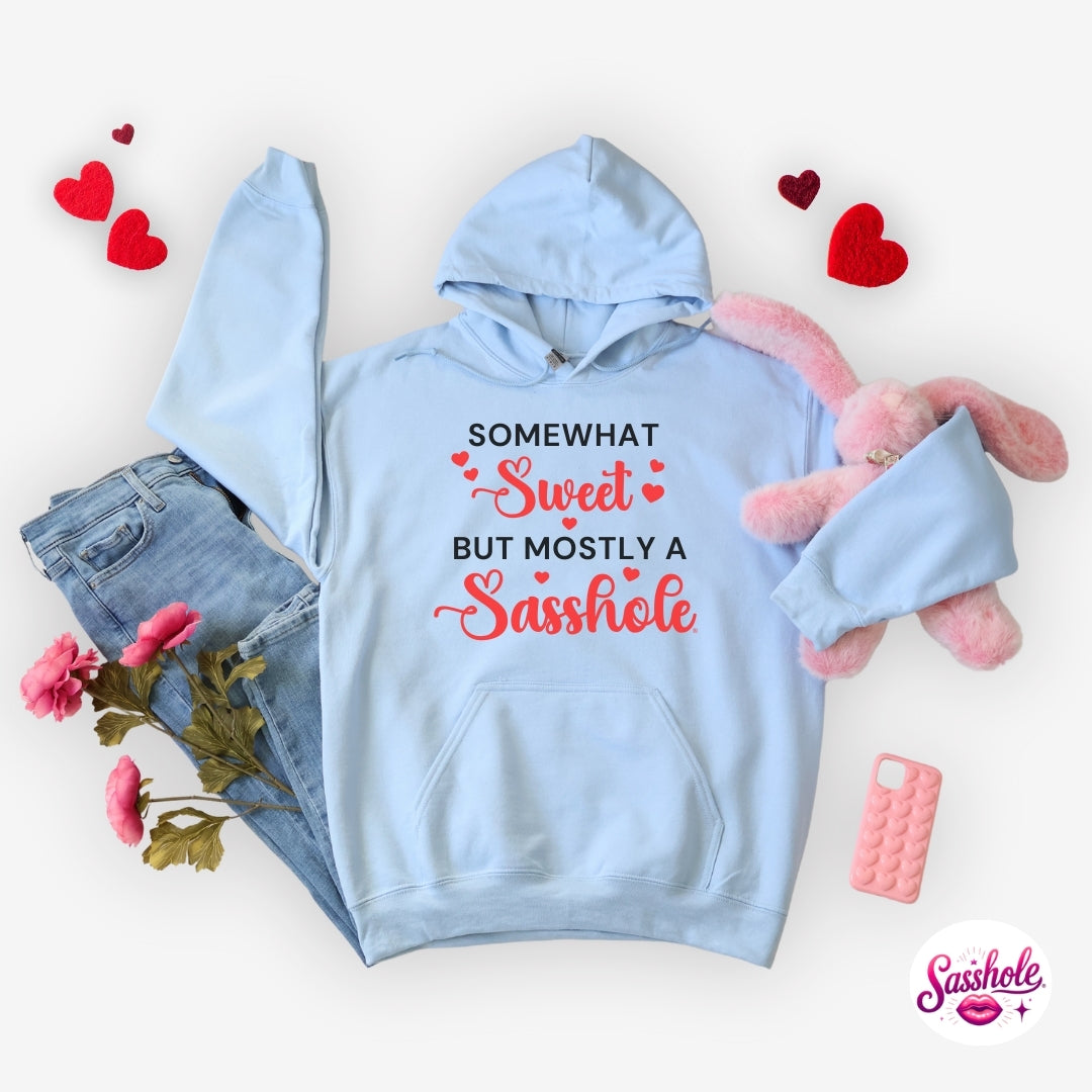 Light blue hoodie with humorous text, paired with jeans and a pink plush toy on a white background.
