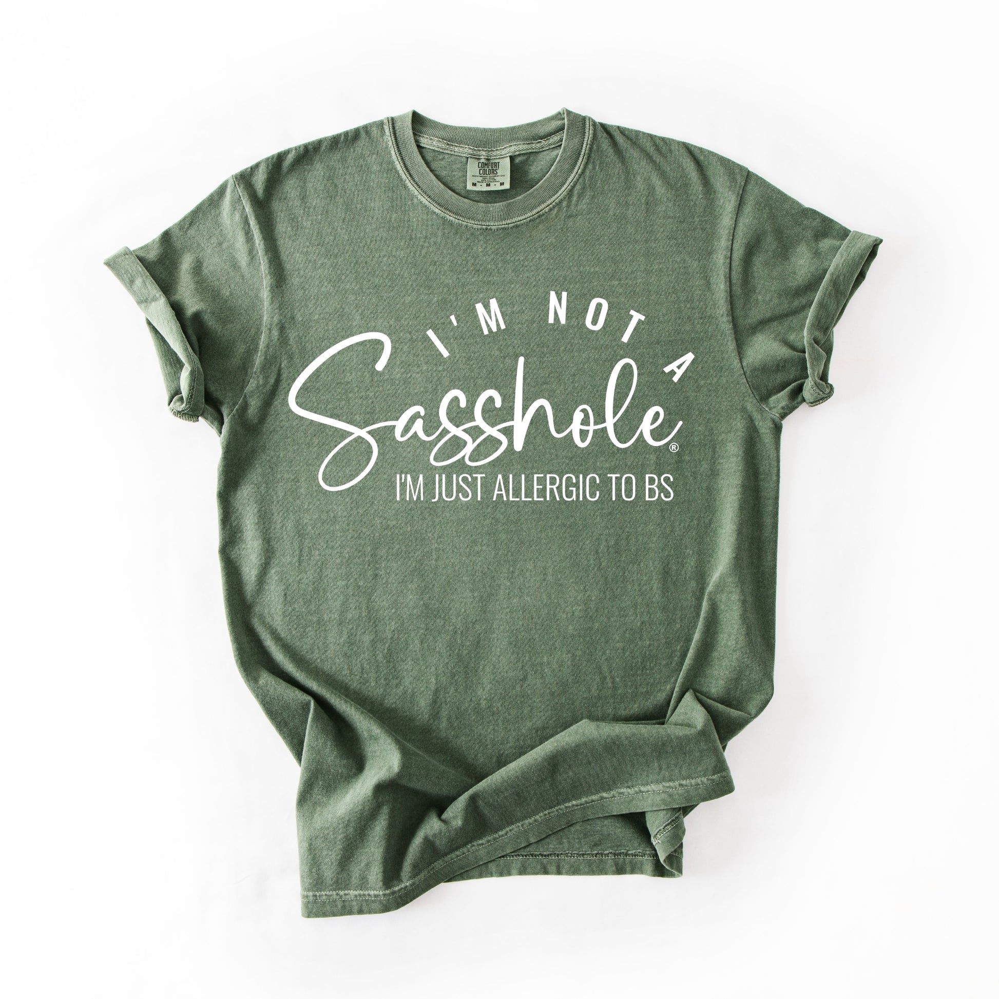 Sasshole Women’s Comfort Colors® Tee – “I’m Not a Sasshole, I’m Just Allergic to BS” Funny Graphic Shirt (Relaxed Fit)