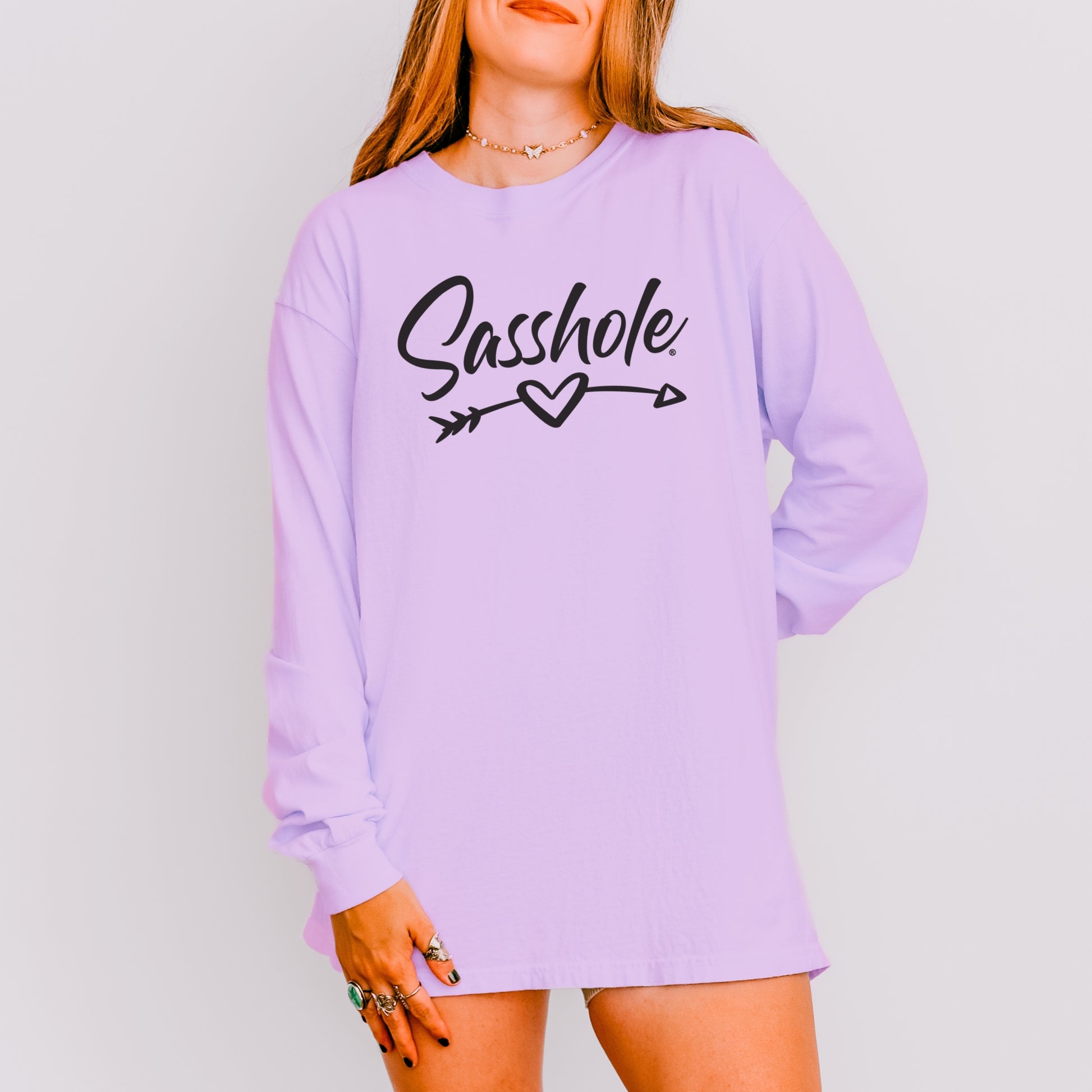 Sasshole® Women’s Long Sleeve Tee – Heart & Arrow Graphic | Bold, Cozy Attitude