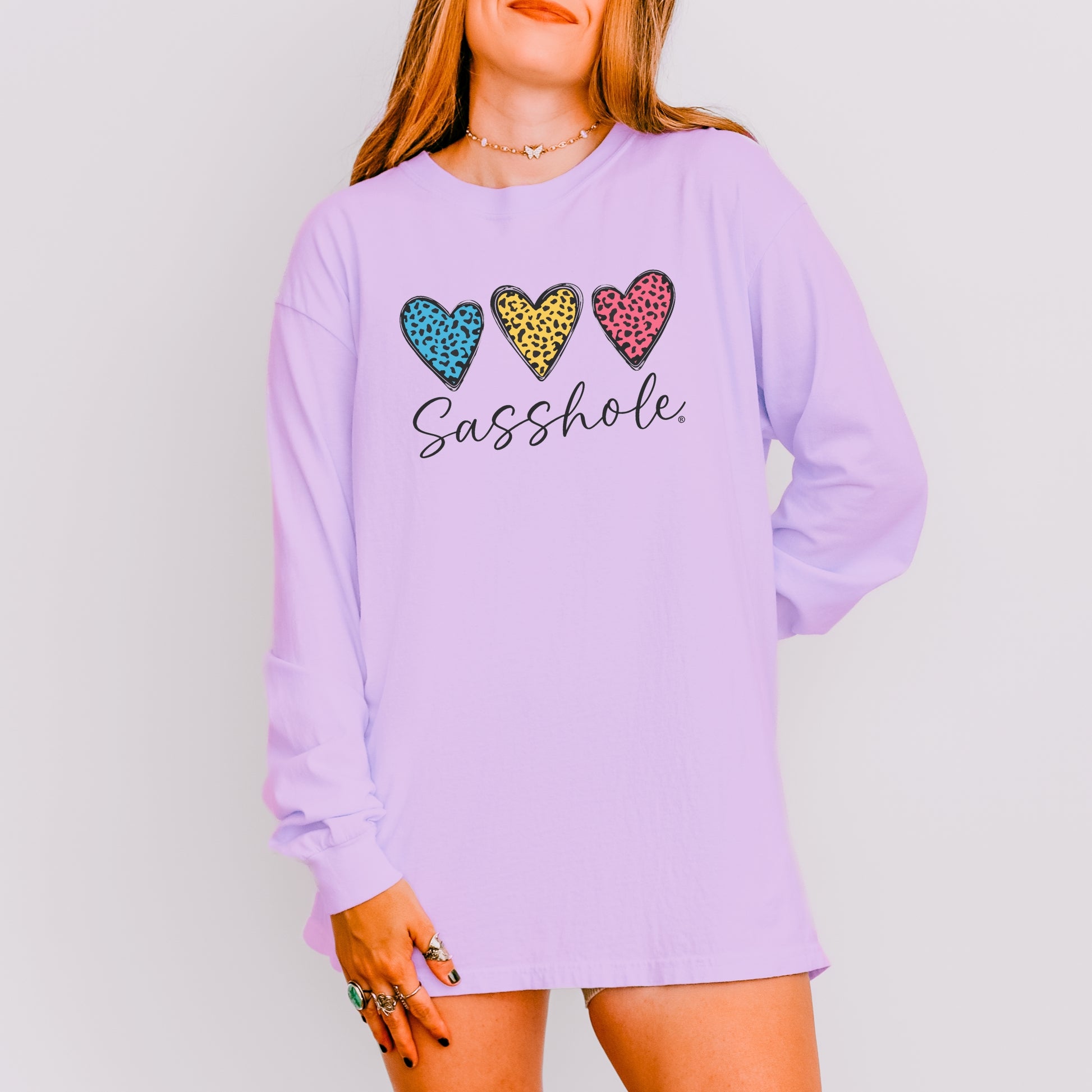 Sasshole® Women’s Comfort Colors® Long Sleeve Tee – “Triple Heart” Funny Graphic T-Shirt, Cozy Statement Shirt