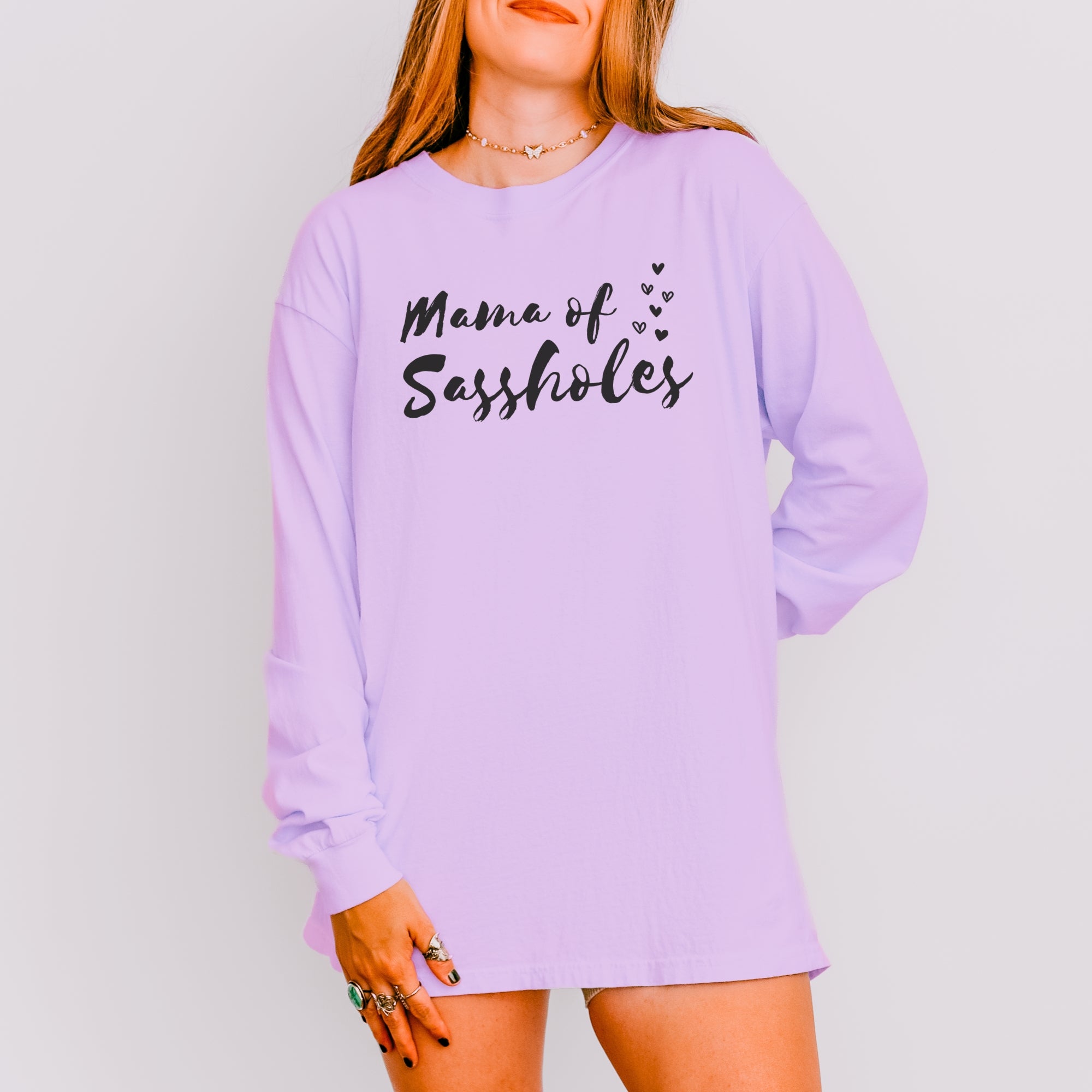 Image of Mama of Sassholes® Women’s Comfort Colors® Long Sleeve Tee – Funny Graphic Shirt for Moms, Bold Statement Top