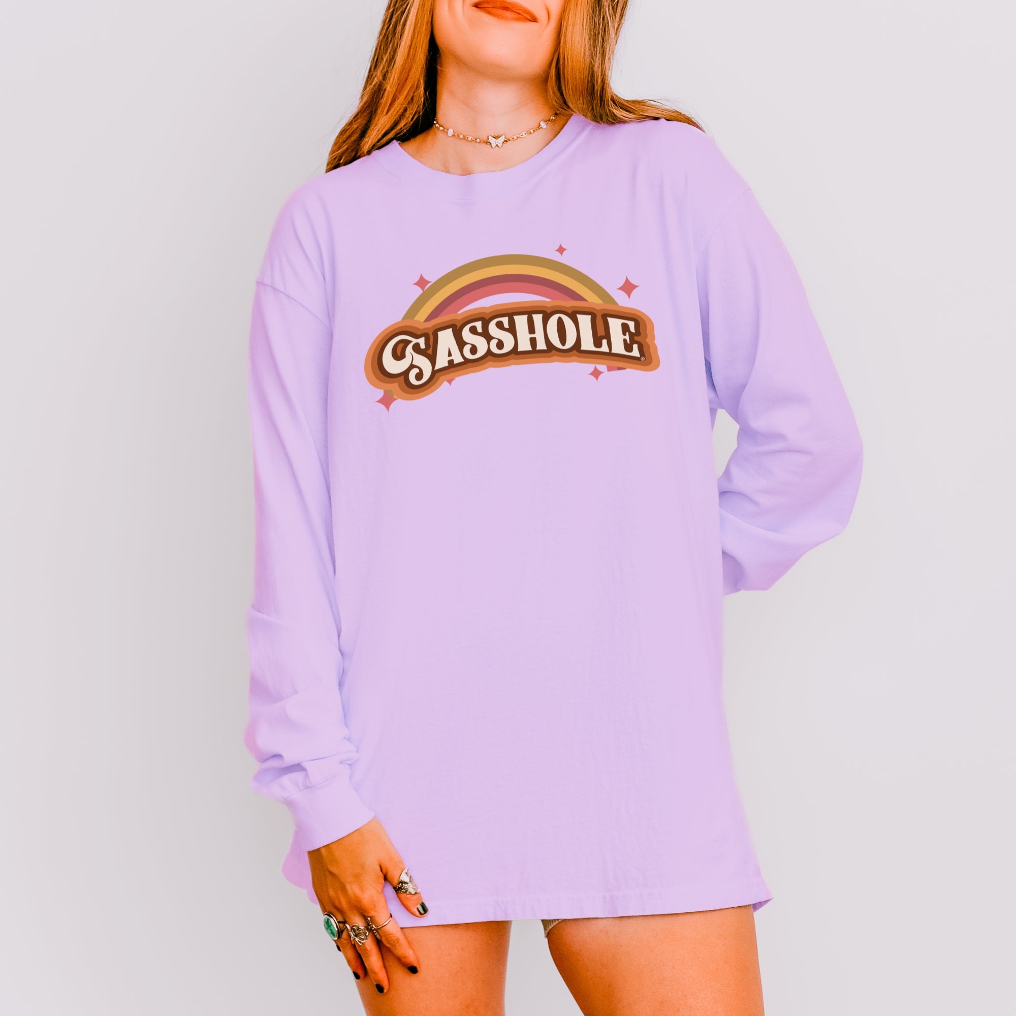 Image of Sasshole® Women’s Comfort Colors® Long Sleeve Tee – “Retro Rainbow” Funny Graphic Shirt, Bold Statement Top