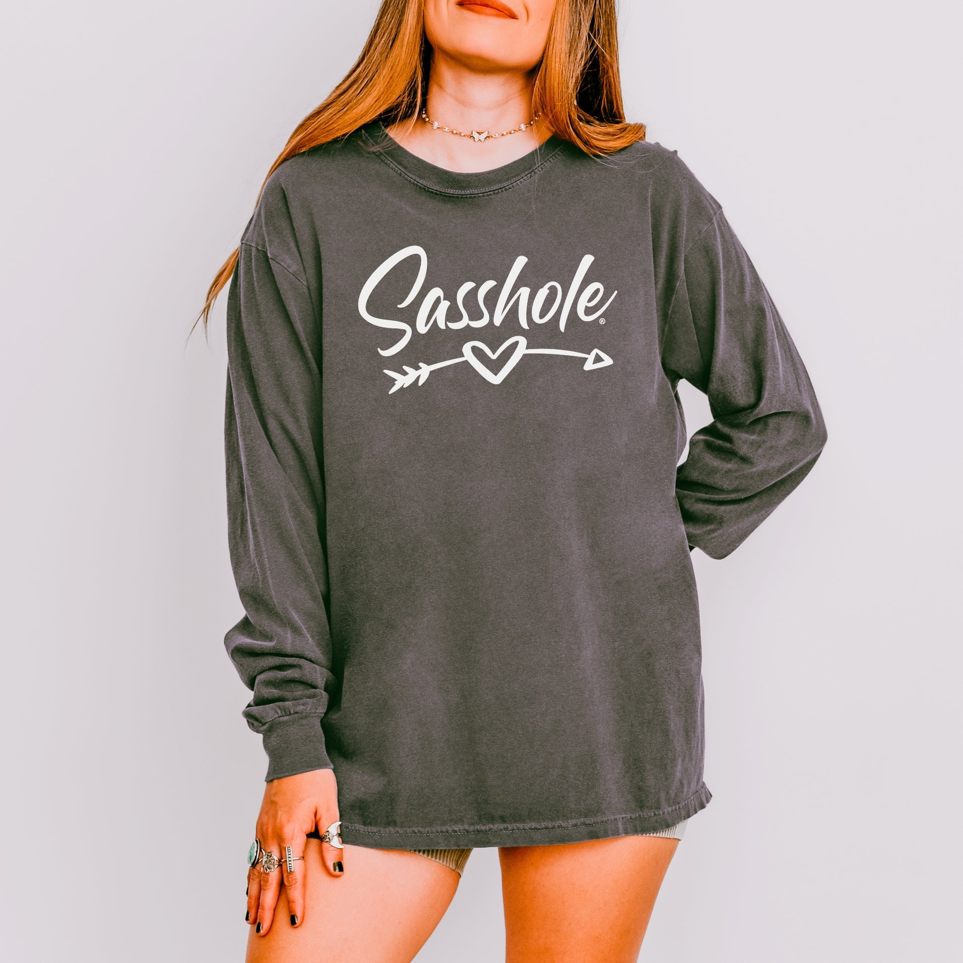 Sasshole® Women’s Long Sleeve Tee – Heart & Arrow Graphic | Bold, Cozy Attitude