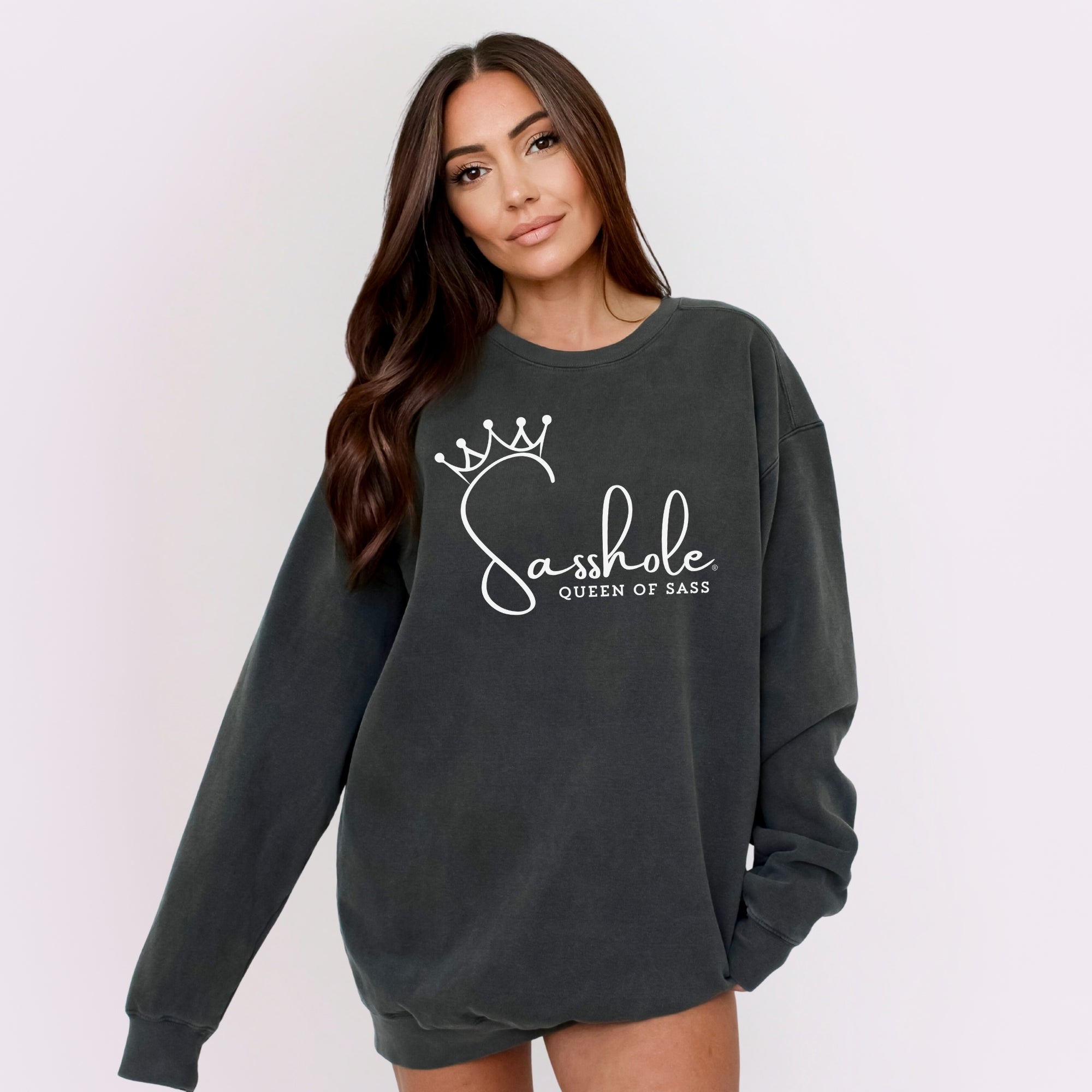 Image of Sasshole Queen of Sass Relaxed Fit Comfort Colors® Sweatshirt – Funny Women’s Graphic Pullover